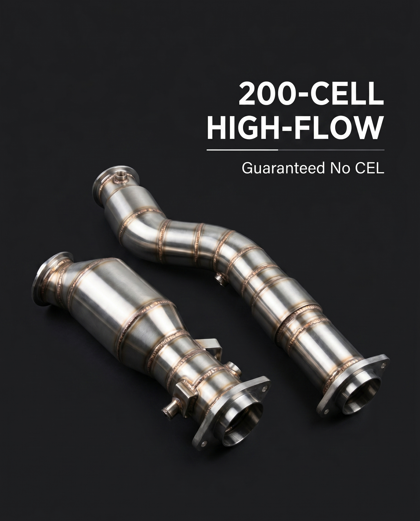 200-cell catted stainless S58 downpipe for BMW G8X on dark studio backdrop with 200-cell high-flow guaranteed no CEL callout
