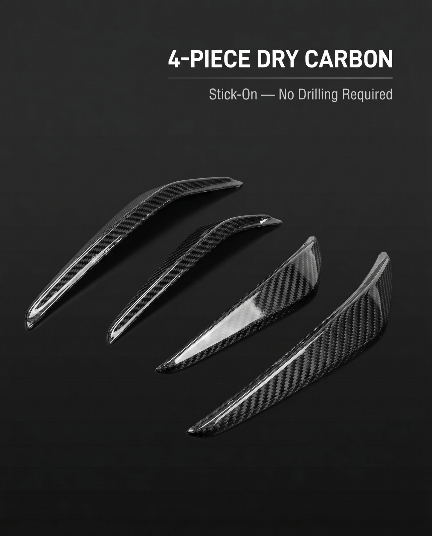 Four-piece gloss dry carbon front canard set for BMW G8X on dark studio backdrop with 4-piece stick-on no-drilling callout