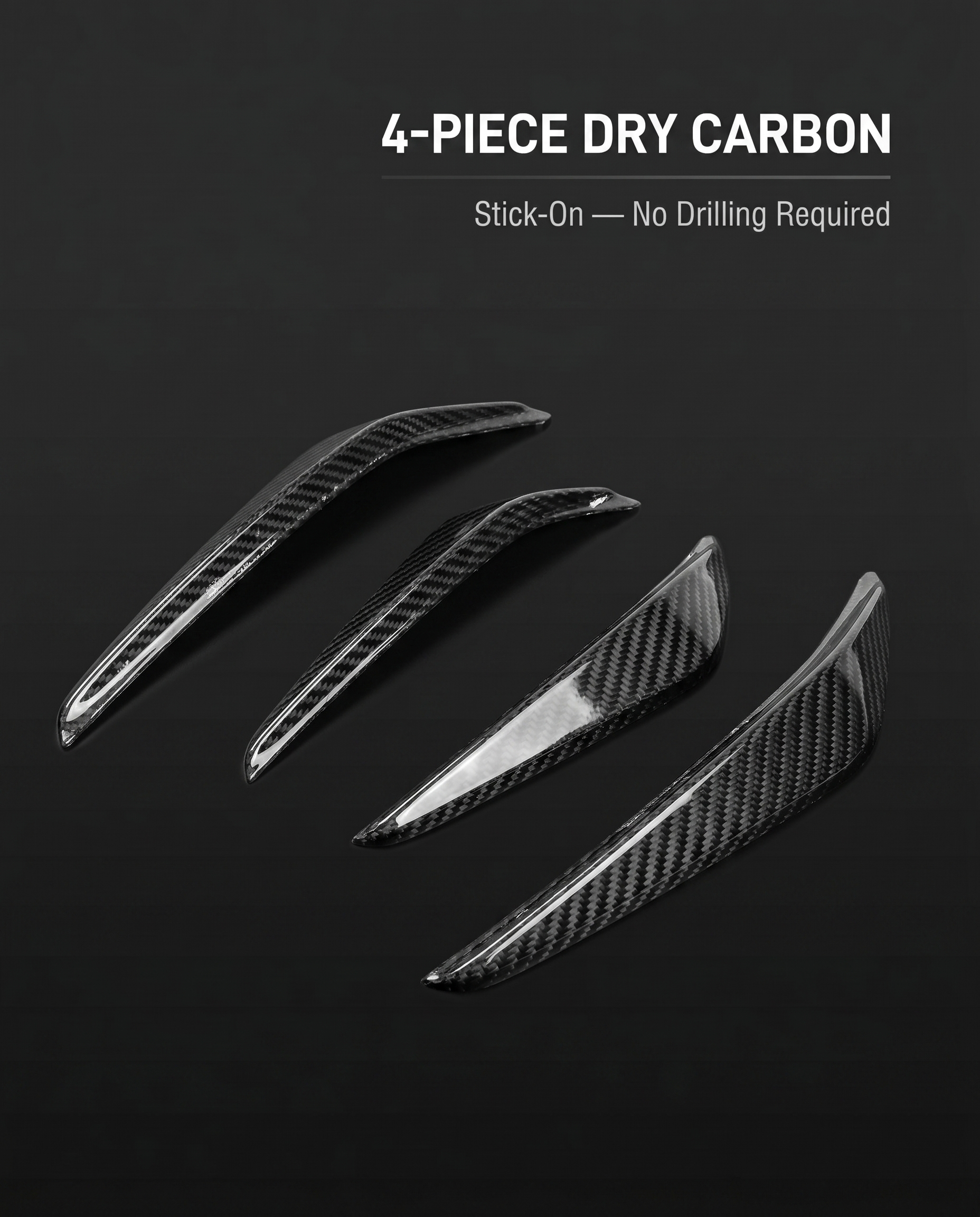 Four-piece gloss dry carbon front canard set for BMW G8X on dark studio backdrop with 4-piece stick-on no-drilling callout