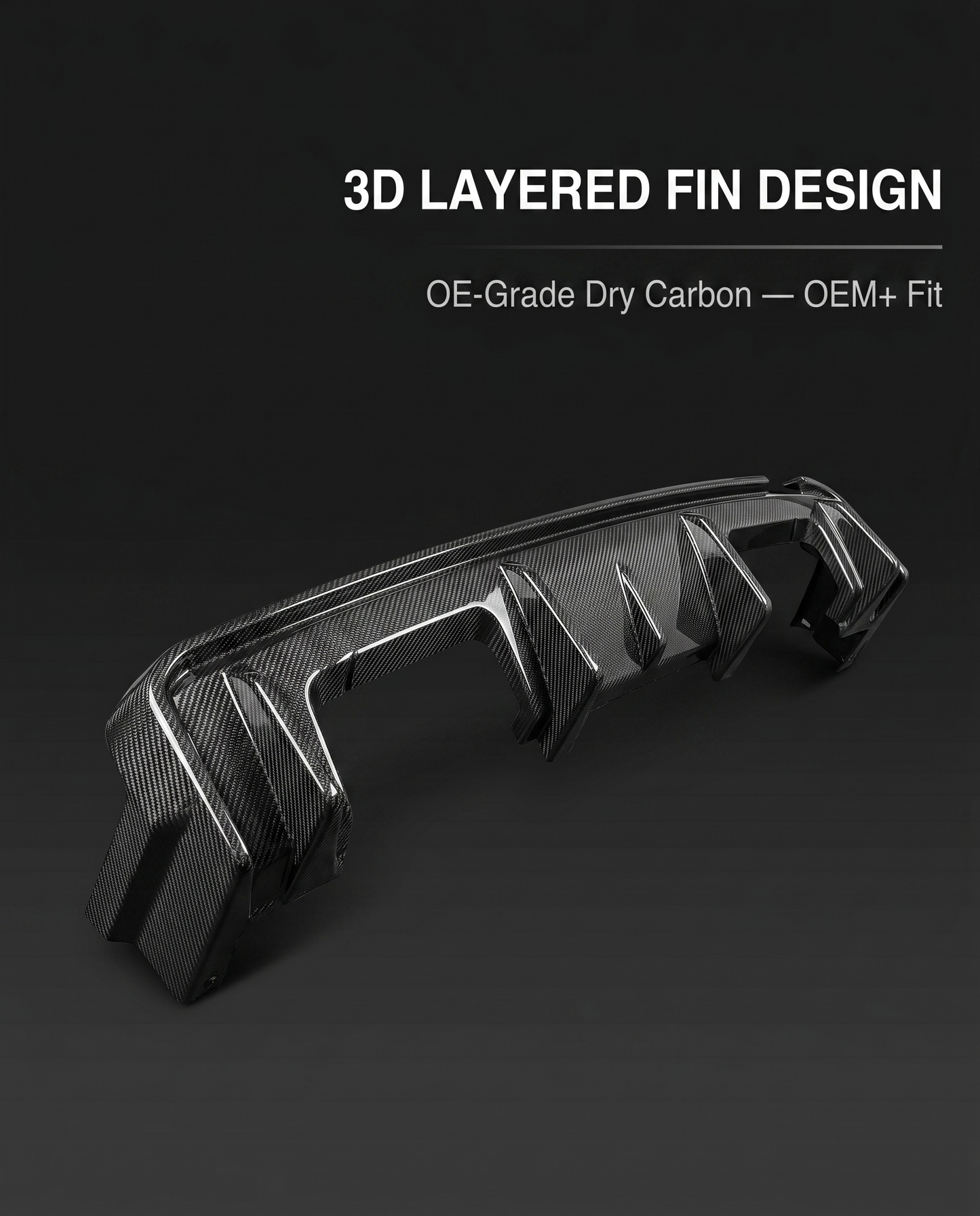 3D layered-fin gloss carbon rear diffuser for BMW G80 M3 on dark studio backdrop with 3D layered fin OE-grade dry carbon callout