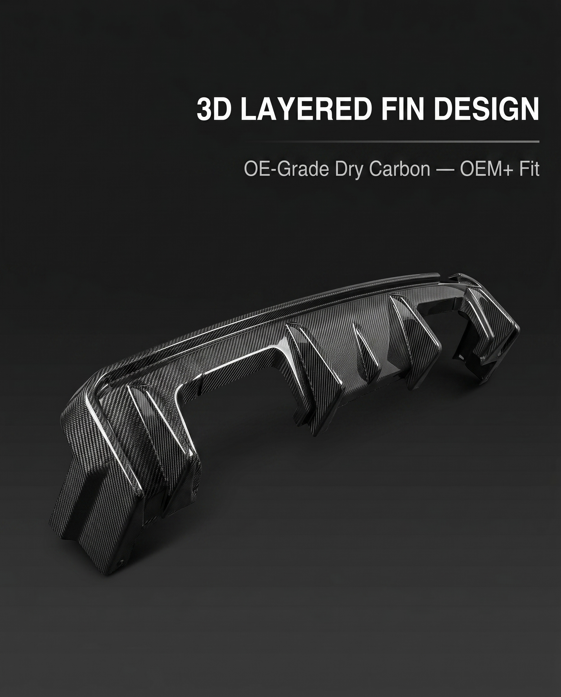 3D layered-fin gloss carbon rear diffuser for BMW G80 M3 on dark studio backdrop with 3D layered fin OE-grade dry carbon callout