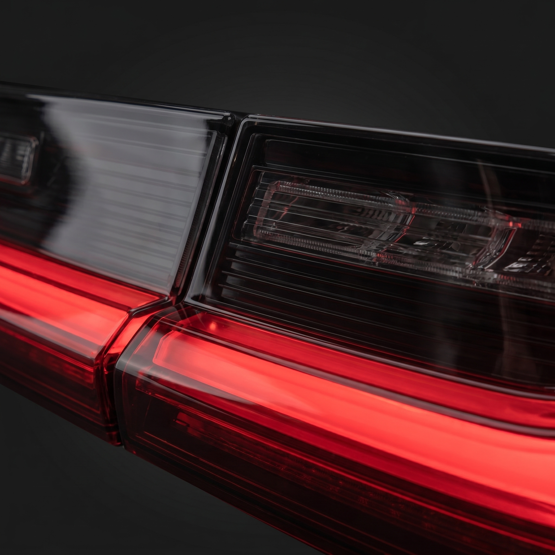 Macro of OE-style smoked LED tail light optics under glossy smoked lens, red LED bands and crisp internal light-guide detail