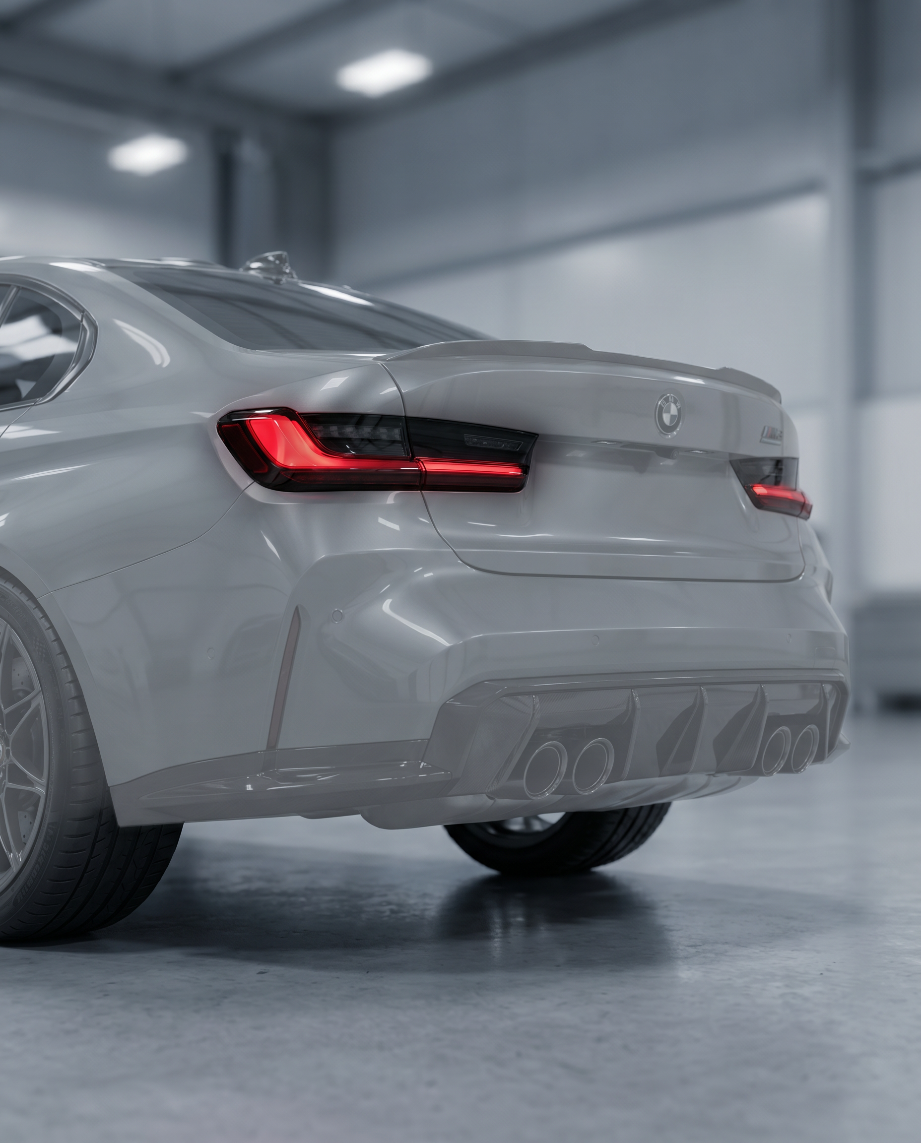 Smoked LED tail lights installed on ghosted BMW G80 M3 rear, stealthy red signature lit in blurred premium garage, OEM fitment