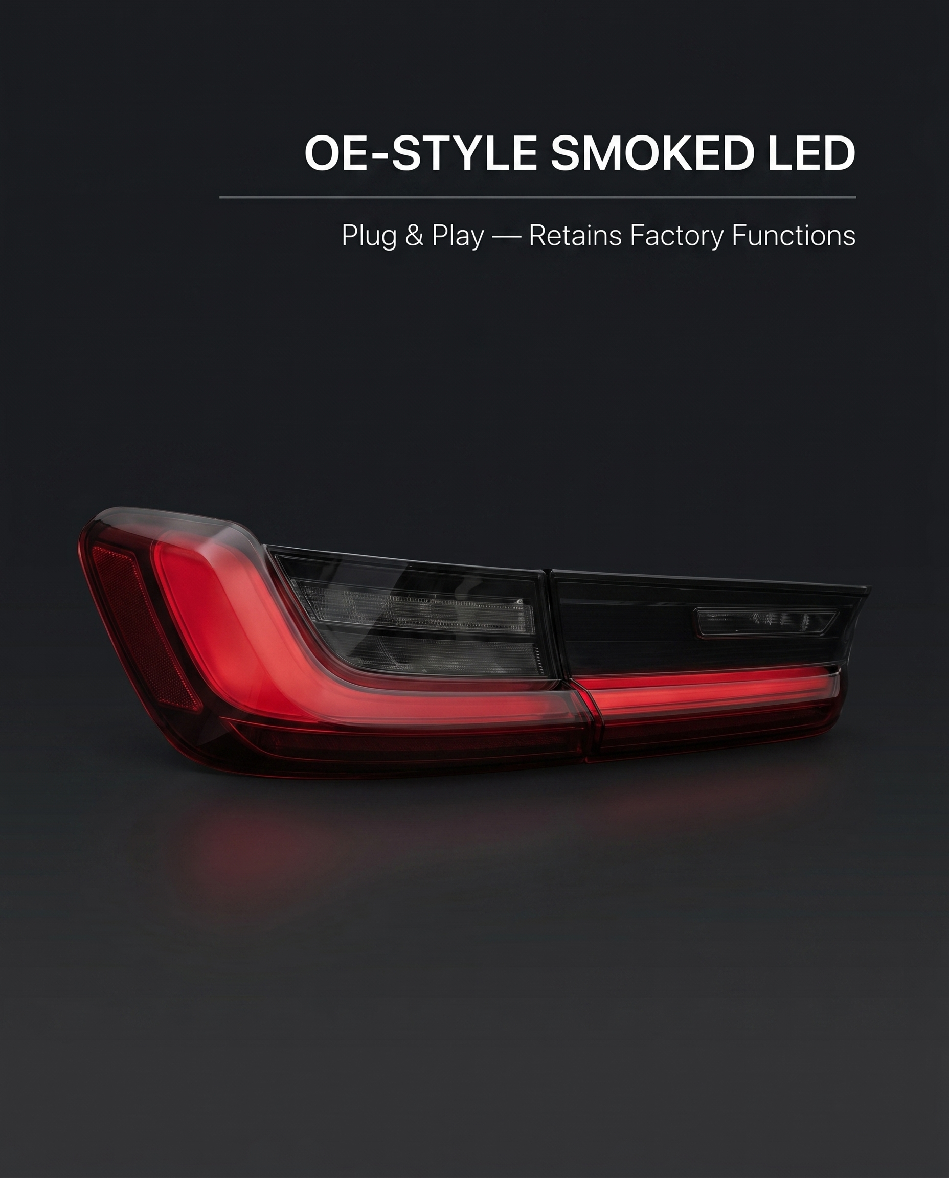 OE-style smoked LED tail light for BMW G80 M3 on dark studio backdrop with plug-and-play retains factory functions callout