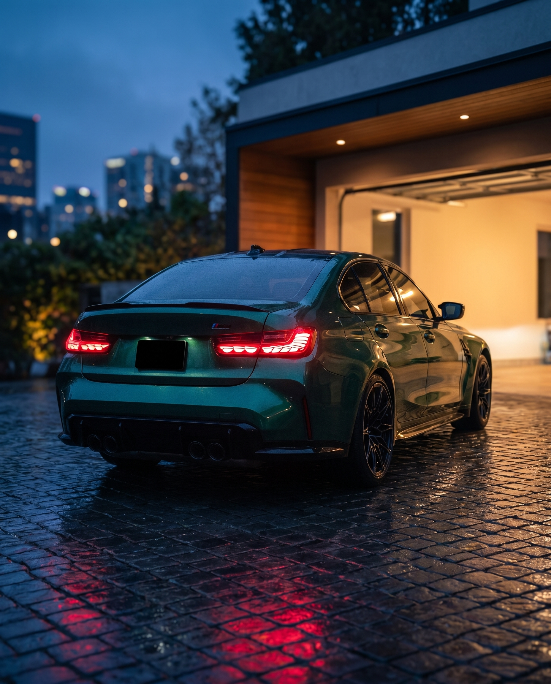 BMW G80 M3 rear at blue-hour dusk with GTS clear LED tail lights glowing red, reflective ground, cinematic track-bred motorsport scene