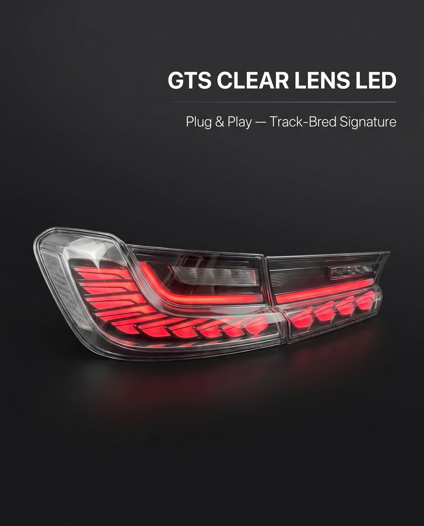 GTS clear-lens LED tail light for BMW G80 M3 on dark studio backdrop with plug-and-play track-bred signature callout