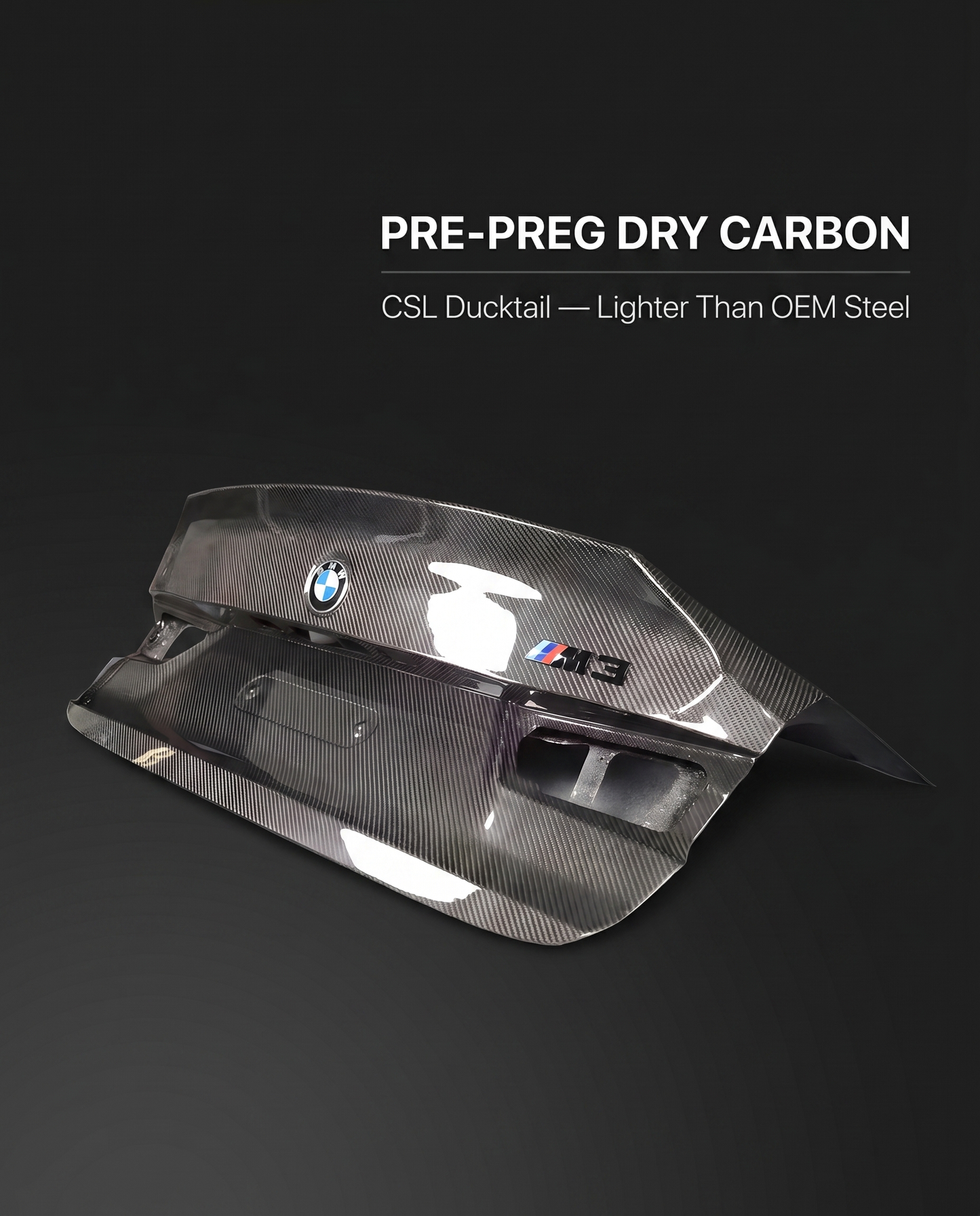 CSL dry carbon ducktail trunk lid for BMW G80 M3 on dark studio backdrop with pre-preg dry carbon lighter than OEM steel callout