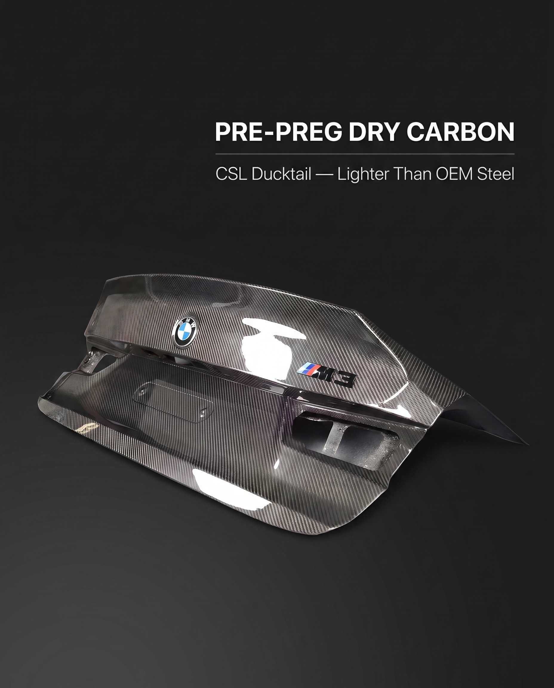 CSL dry carbon ducktail trunk lid for BMW G80 M3 on dark studio backdrop with pre-preg dry carbon lighter than OEM steel callout