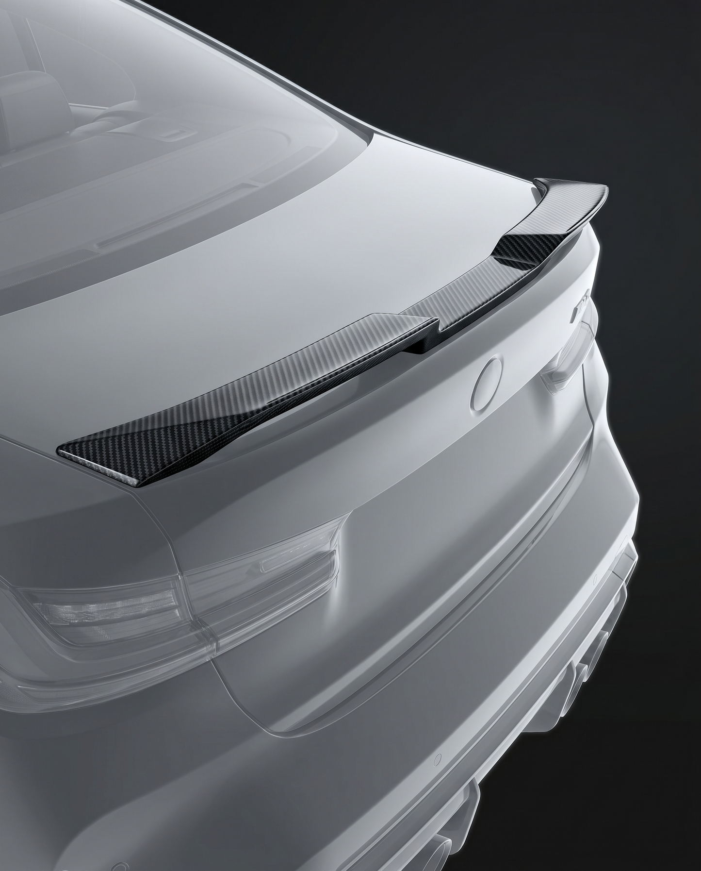 Gloss V-style dry carbon trunk spoiler for BMW G80 M3, studio hero shot showing high-kick profile and 2x2 twill weave depth
