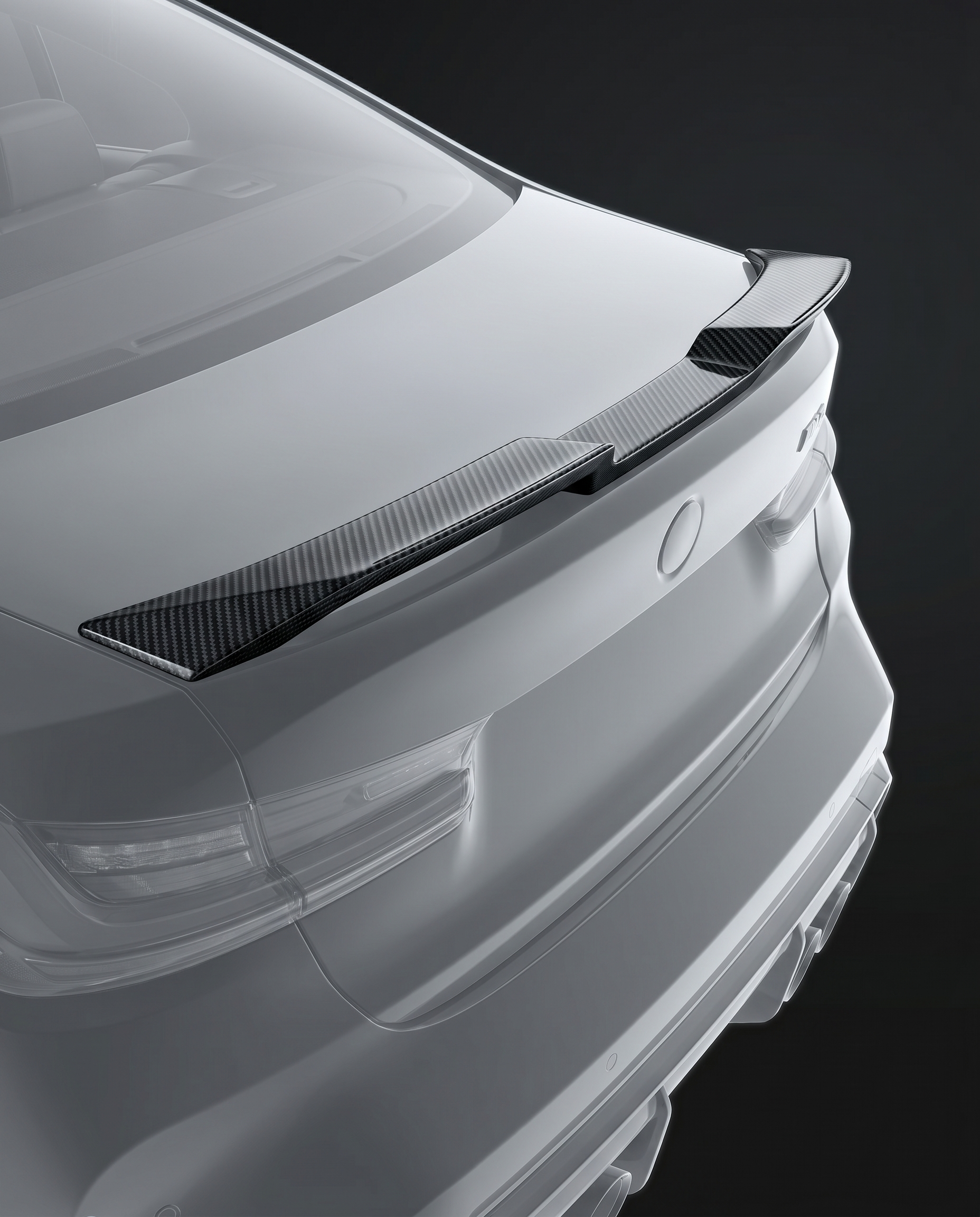 Gloss V-style dry carbon trunk spoiler for BMW G80 M3, studio hero shot showing high-kick profile and 2x2 twill weave depth