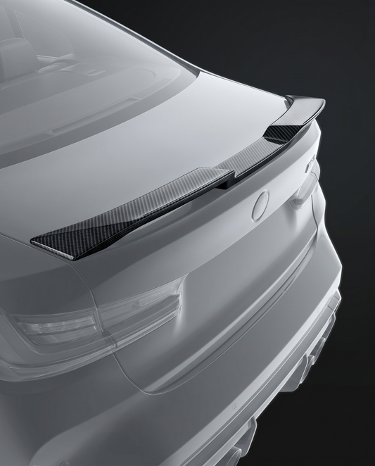 Gloss V-style dry carbon trunk spoiler for BMW G80 M3, studio hero shot showing high-kick profile and 2x2 twill weave depth