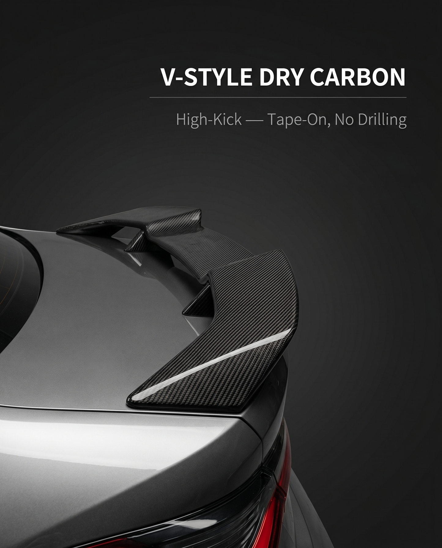 V-style dry carbon trunk spoiler for BMW G8X on charcoal studio background with clean tape-on, no-drilling callout text