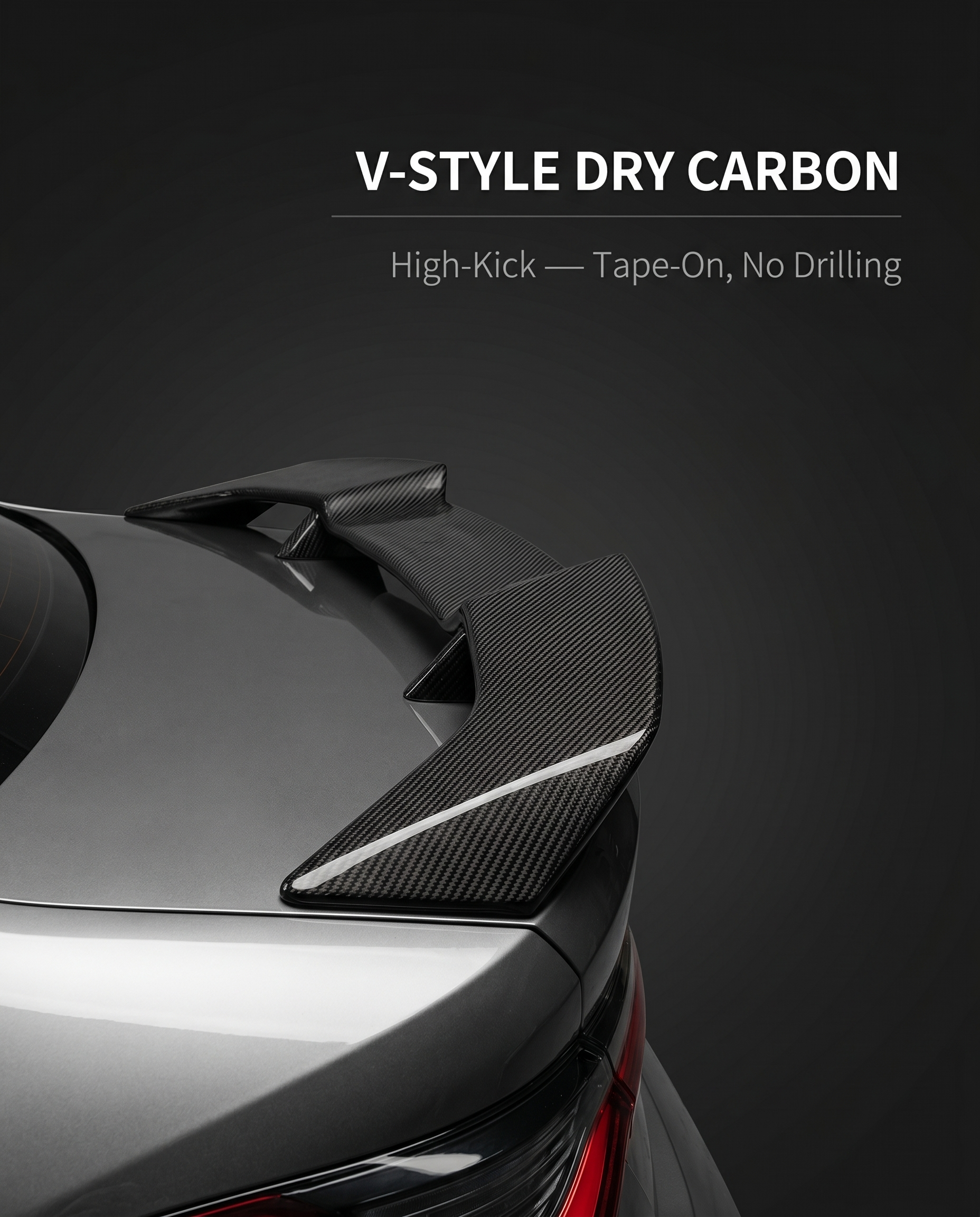 V-style dry carbon trunk spoiler for BMW G8X on charcoal studio background with clean tape-on, no-drilling callout text