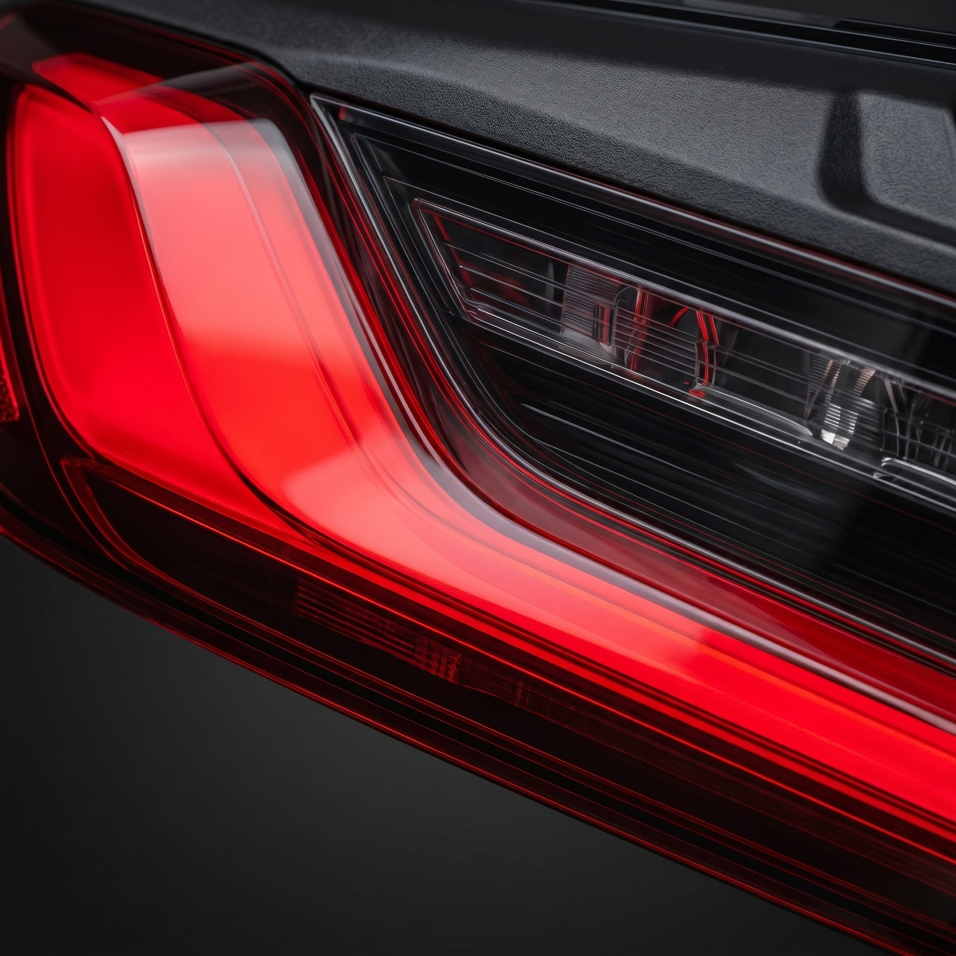 Macro of CSL laser LED tail light for BMW G8X showing red laser light-bar, internal light-guide optics and glossy lens depth