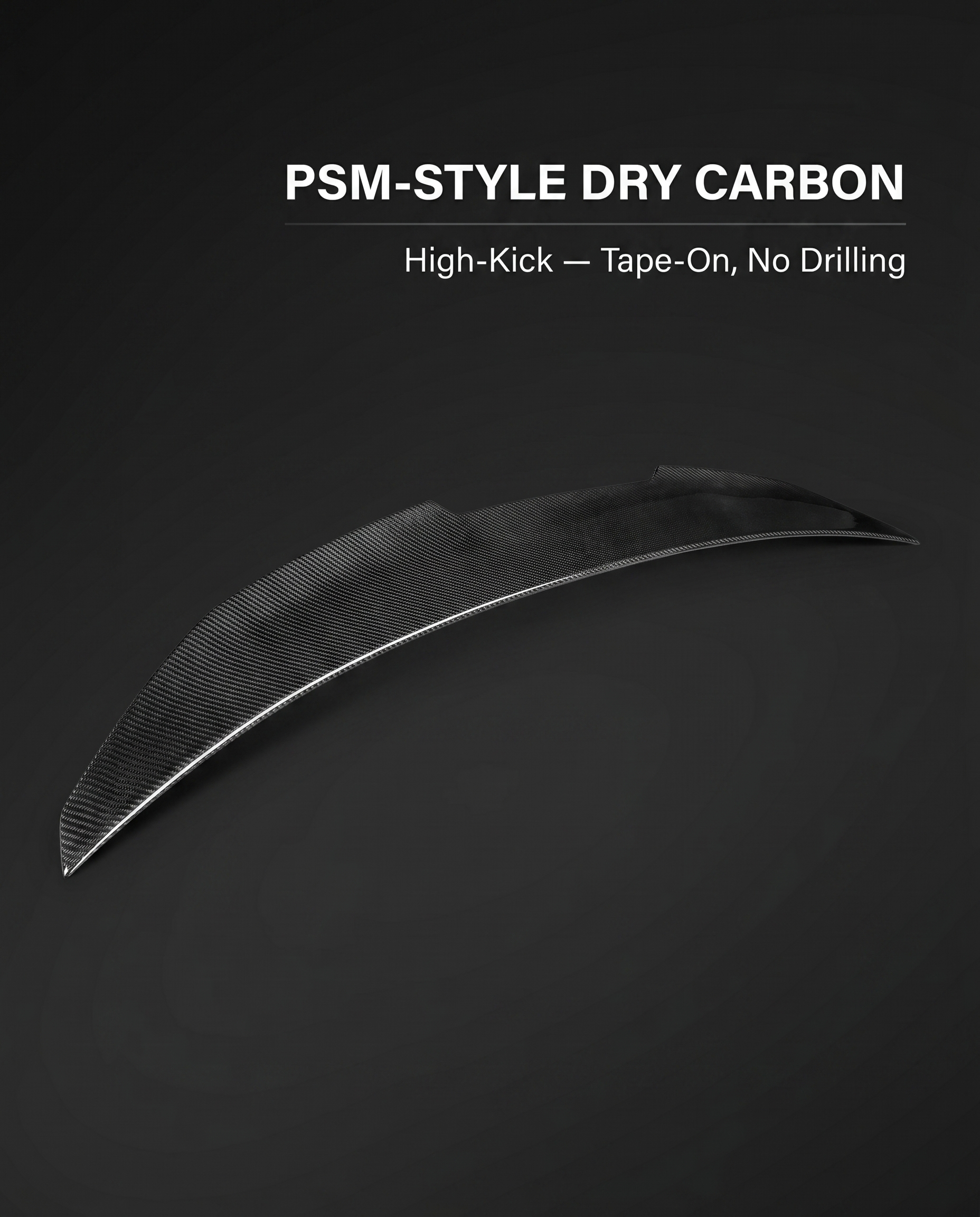 PSM-style dry carbon trunk spoiler for BMW G8X on charcoal studio background with clean tape-on, no-drilling callout text