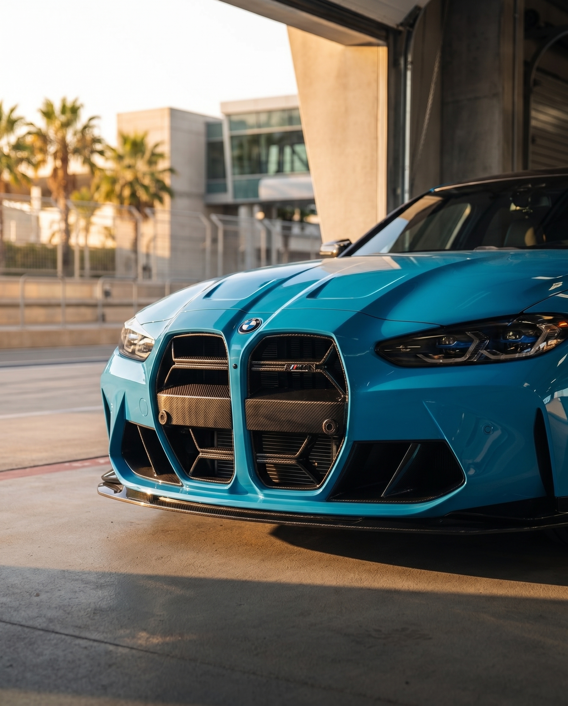 BMW G80 M3 at golden-hour dusk with CSL carbon front grille, front 3/4 view sharpening the aggressive front end