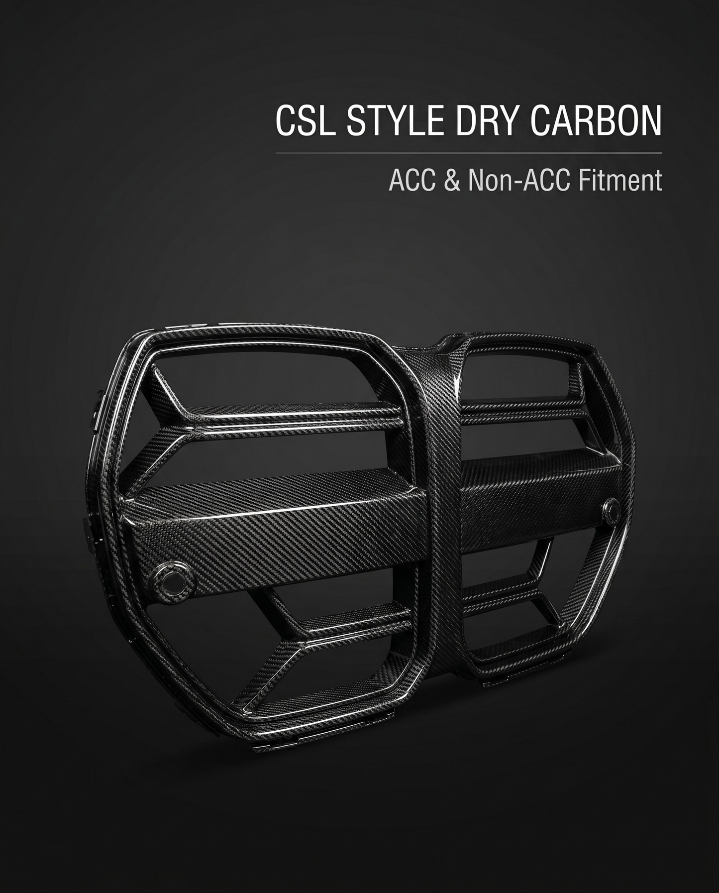 CSL-style dry carbon front grille for BMW G8X on charcoal studio background with ACC and non-ACC fitment callout text