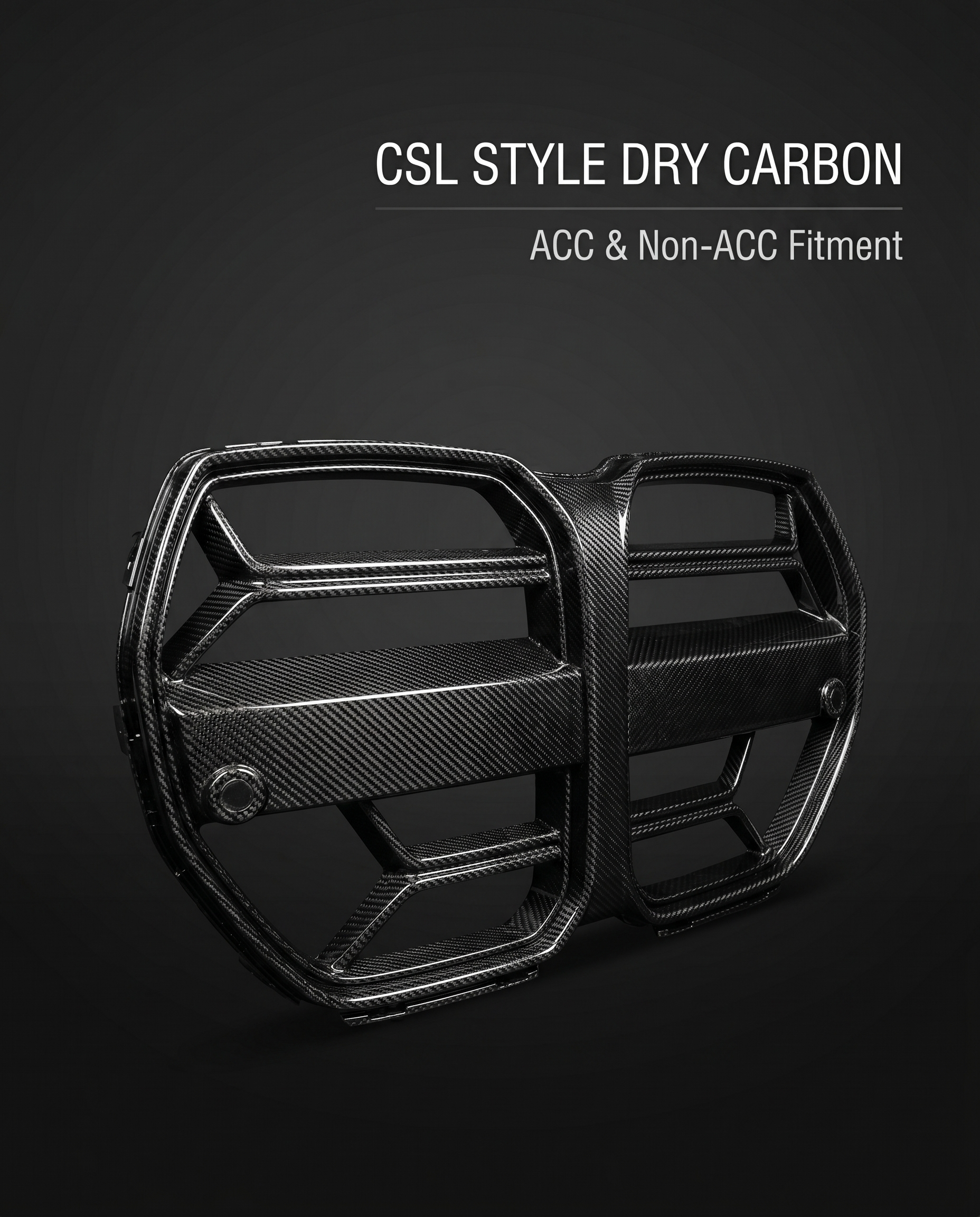CSL-style dry carbon front grille for BMW G8X on charcoal studio background with ACC and non-ACC fitment callout text