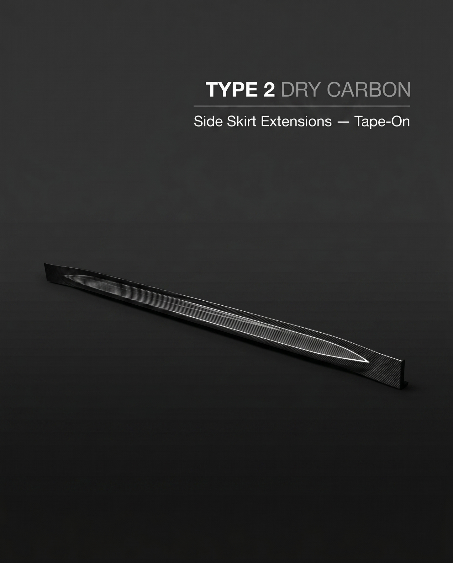 Type 2 dry carbon side skirt extensions for BMW G8X on charcoal studio background with tape-on fitment callout text