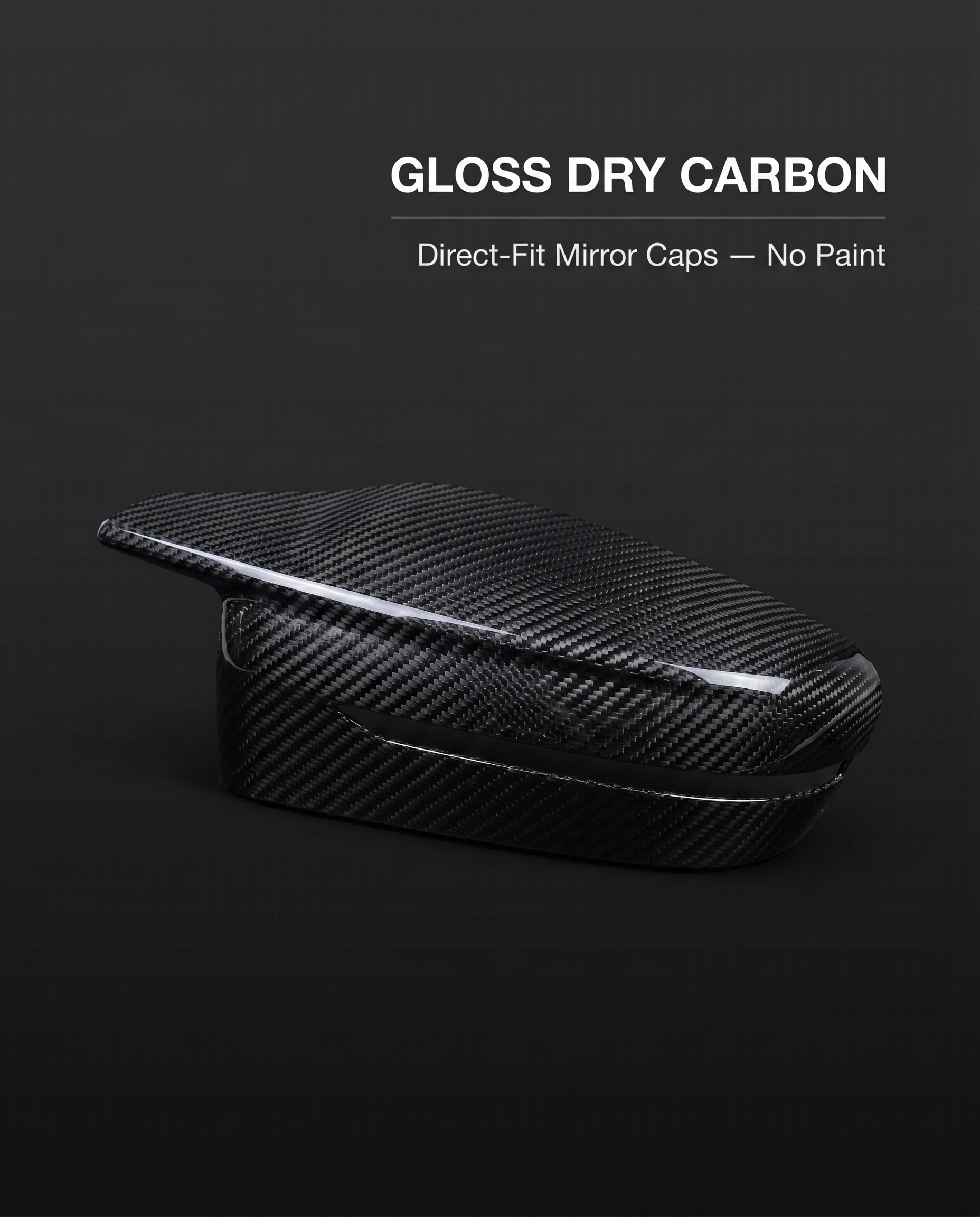 Gloss dry carbon mirror caps for BMW G8X on charcoal studio background with direct-fit no-paint callout text