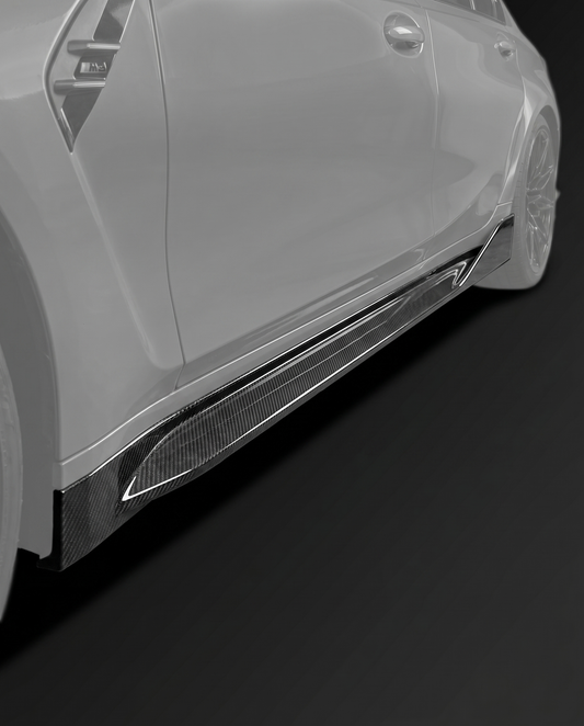 Gloss MP-style dry carbon side skirt extensions for BMW G80 M3, low studio hero shot showing slim profile and weave