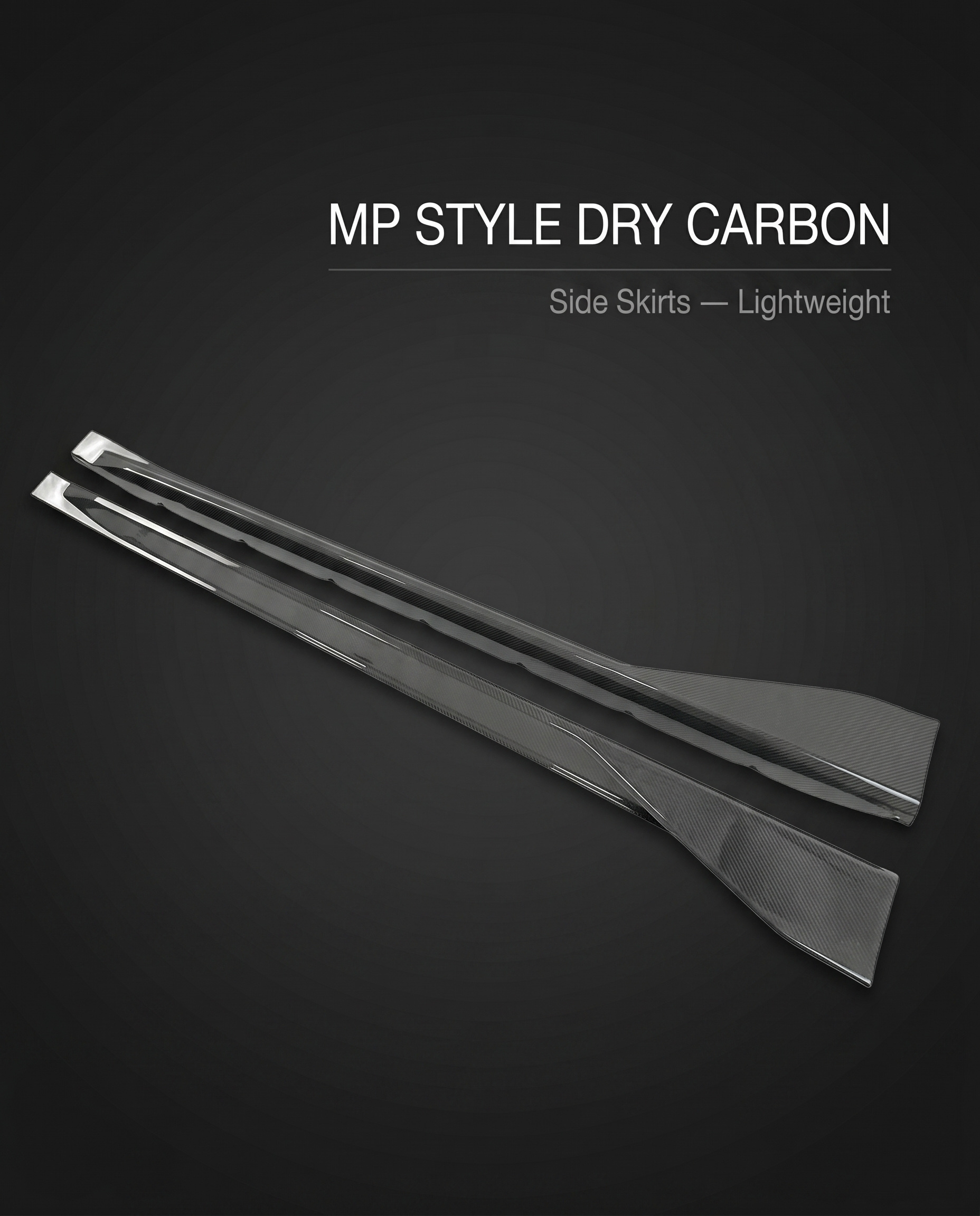 MP-style dry carbon side skirt extensions for BMW G80 M3 on charcoal studio background with lightweight callout text