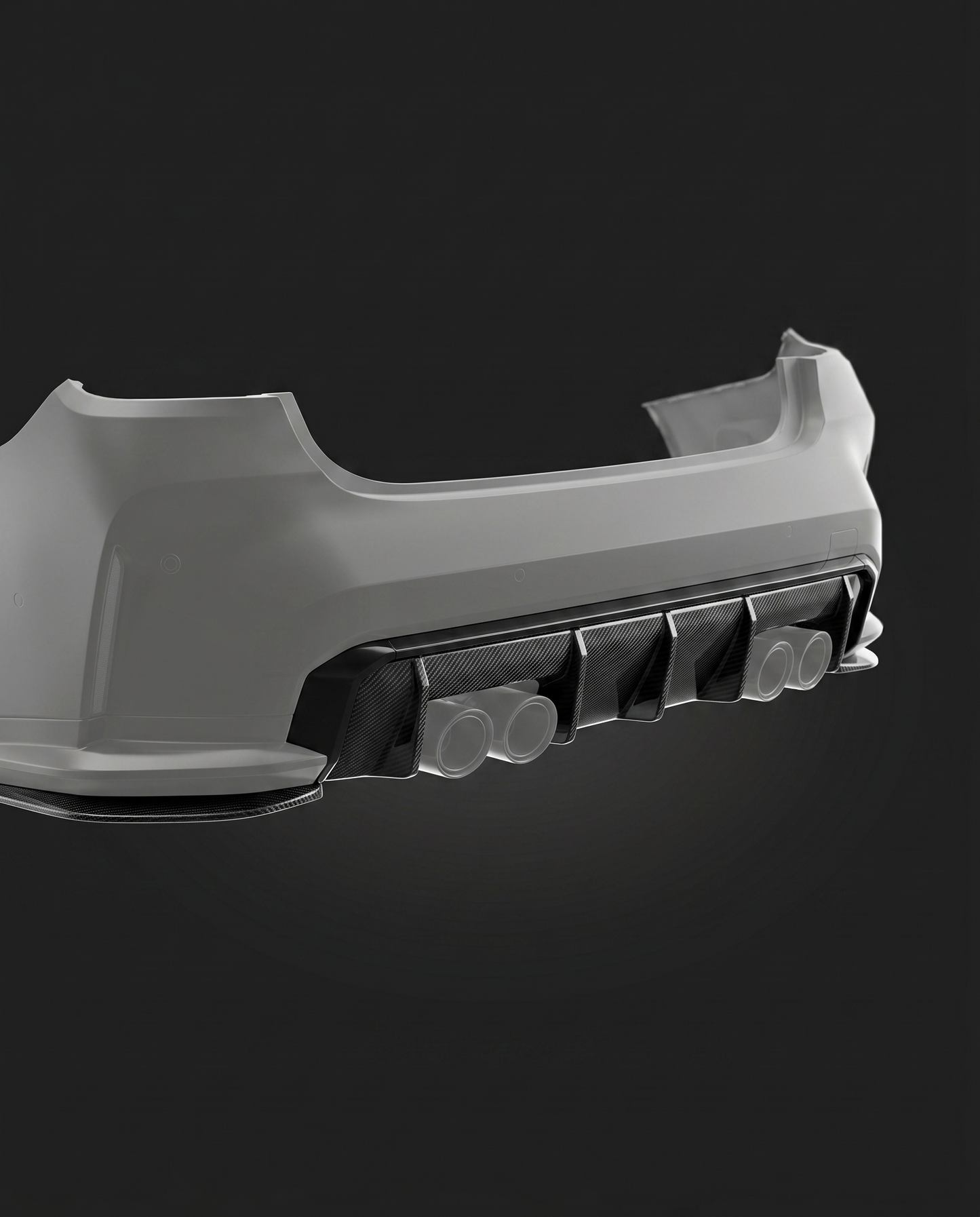 Gloss MP-style dry carbon rear diffuser for BMW G80 M3, low studio hero shot showing fin layout and 2x2 twill weave