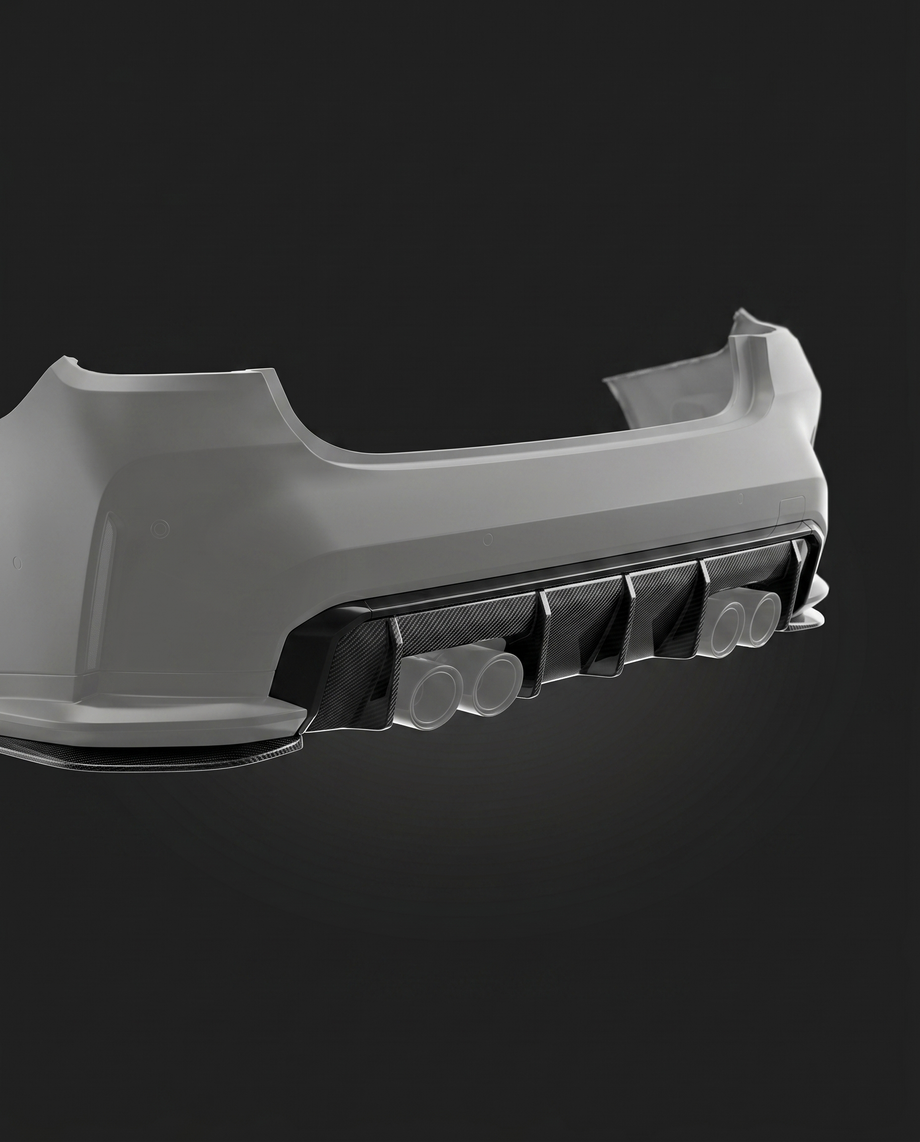 Gloss MP-style dry carbon rear diffuser for BMW G80 M3, low studio hero shot showing fin layout and 2x2 twill weave