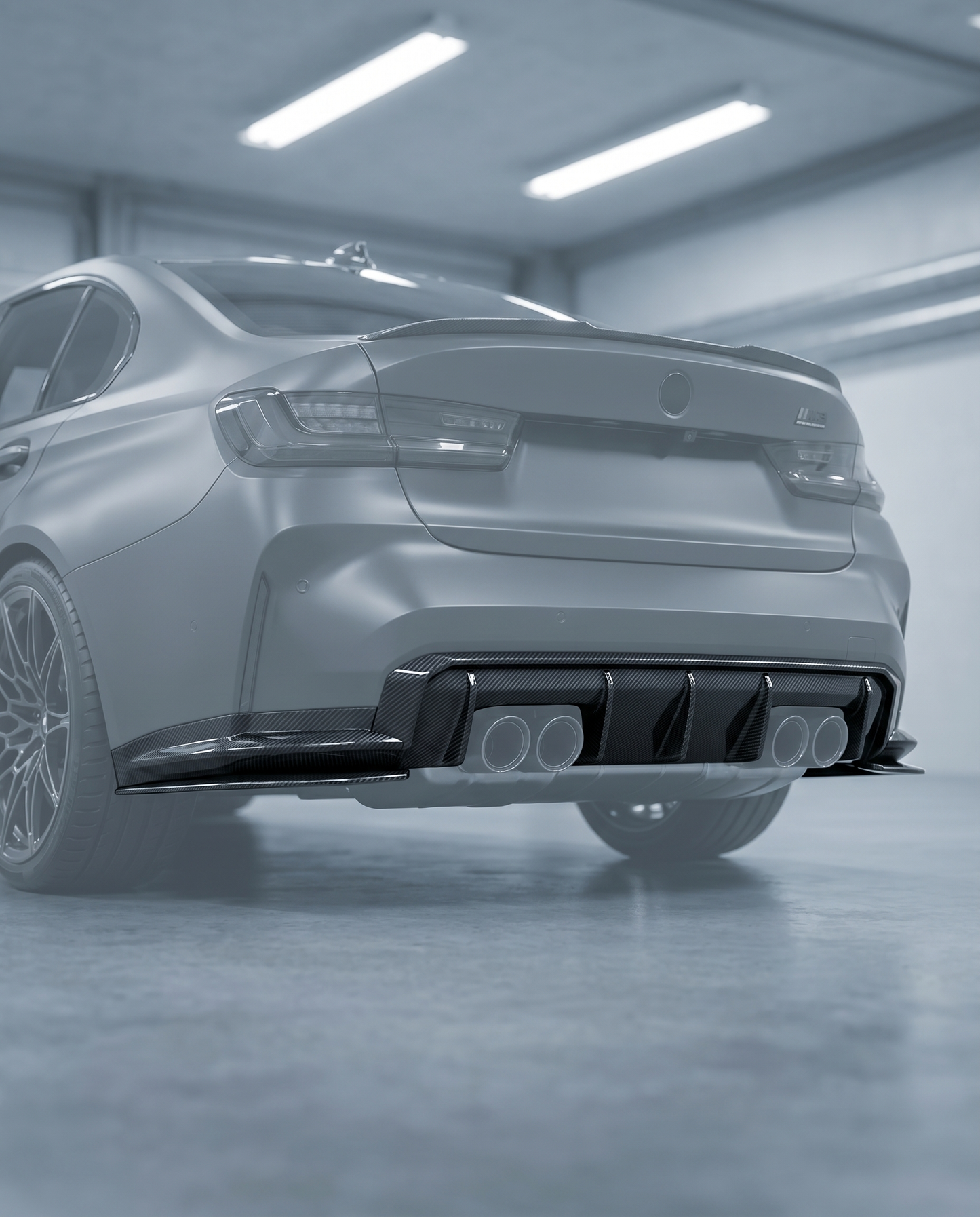 Gloss MP-style carbon rear diffuser installed under BMW G80 M3 bumper, premium garage lighting shows OE-grade fitment