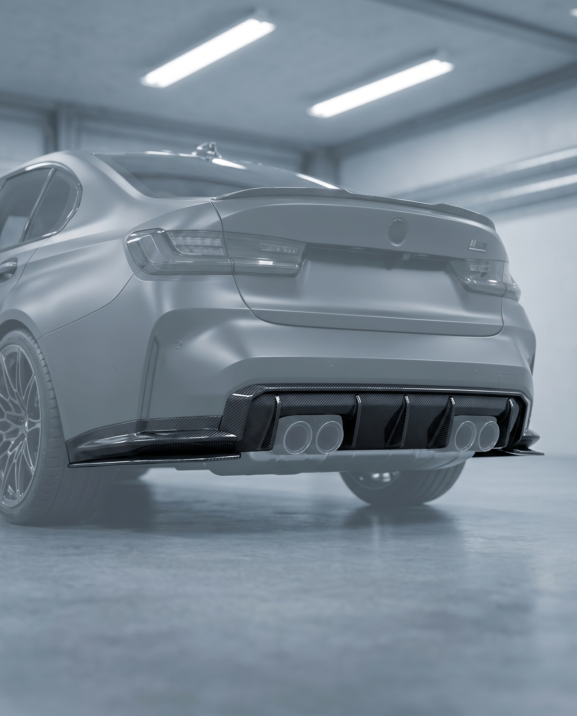 Gloss MP-style carbon rear diffuser installed under BMW G80 M3 bumper, premium garage lighting shows OE-grade fitment