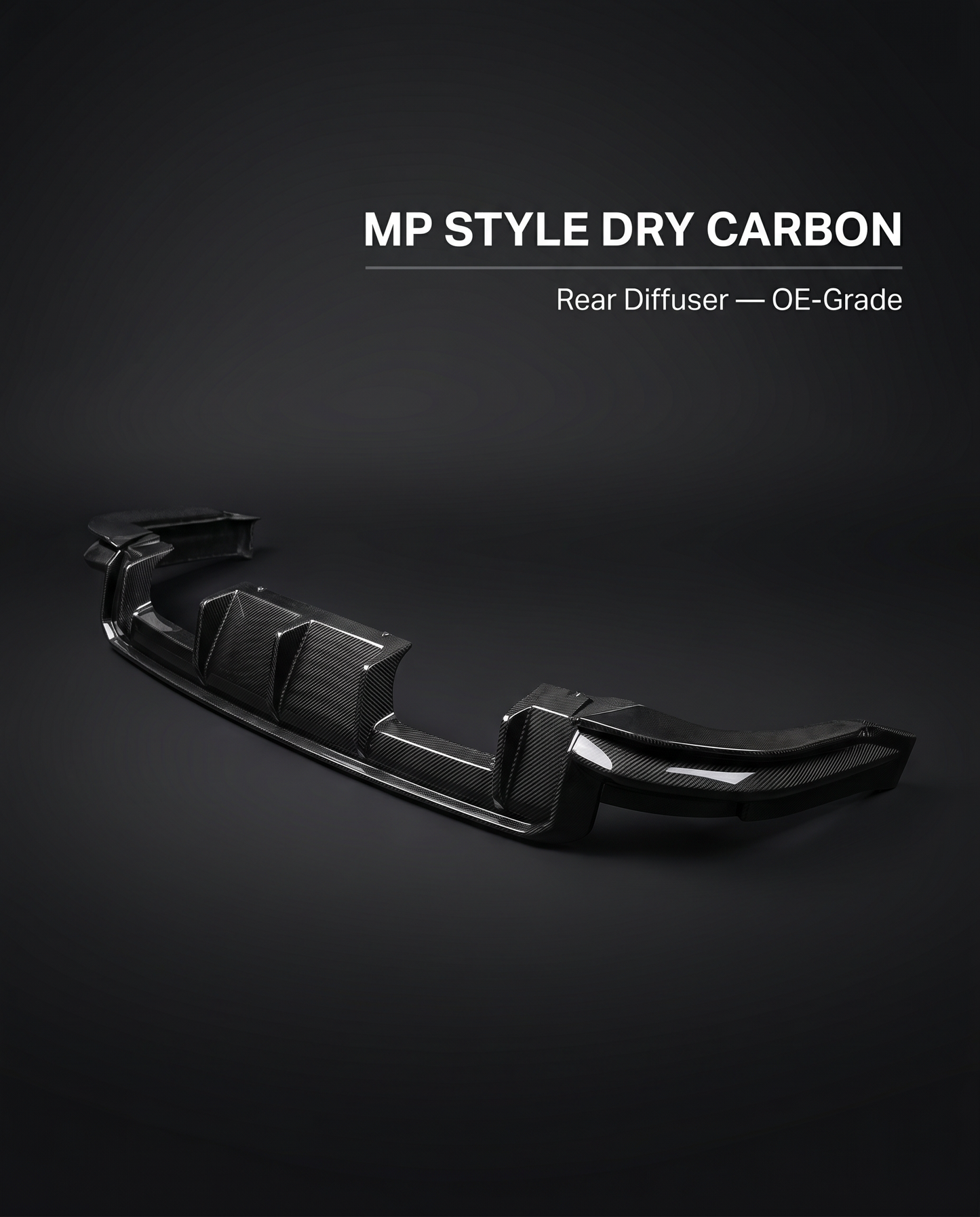 MP-style dry carbon rear diffuser for BMW G8X on charcoal studio background with OE-grade fitment callout text