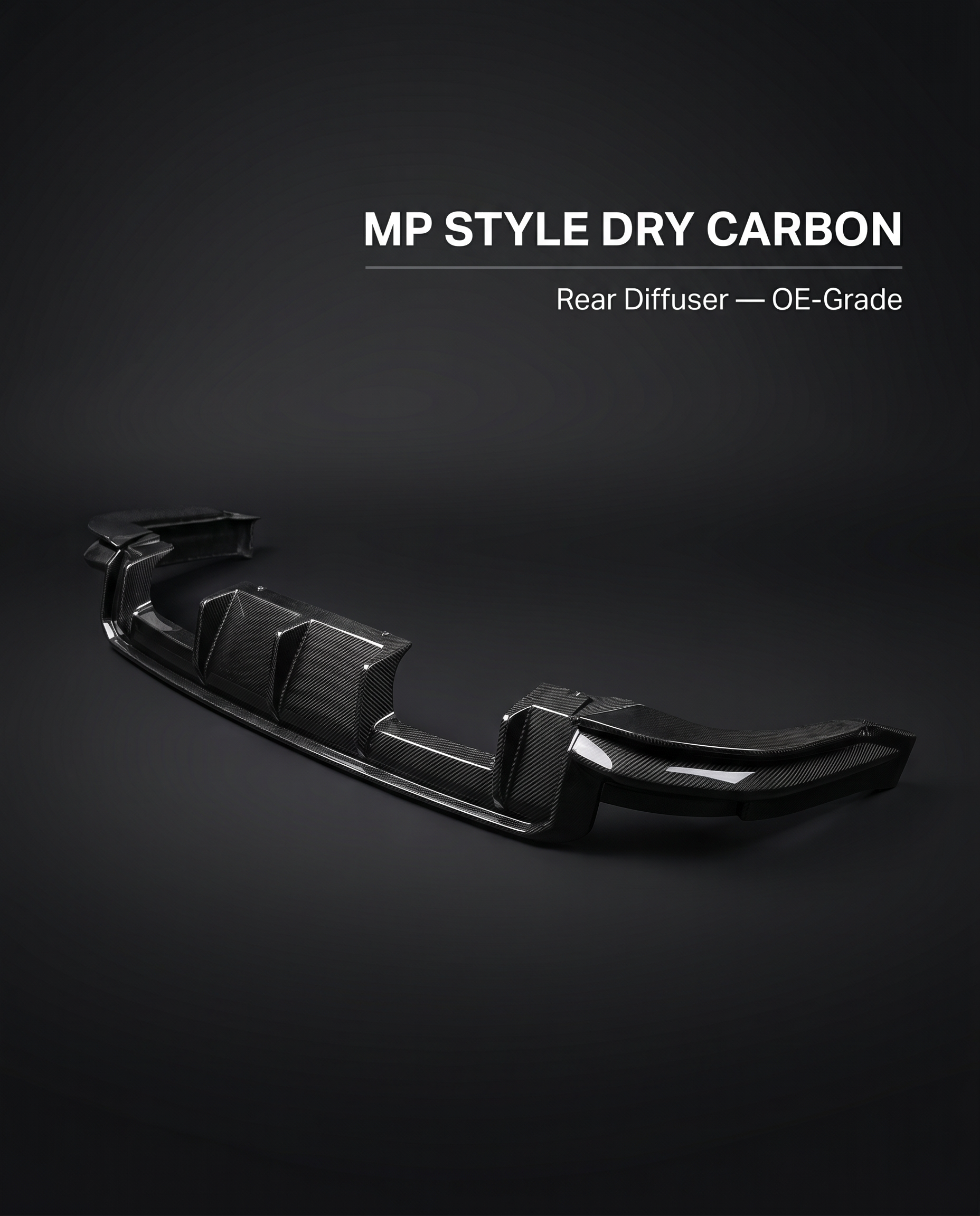 MP-style dry carbon rear diffuser for BMW G8X on charcoal studio background with OE-grade fitment callout text