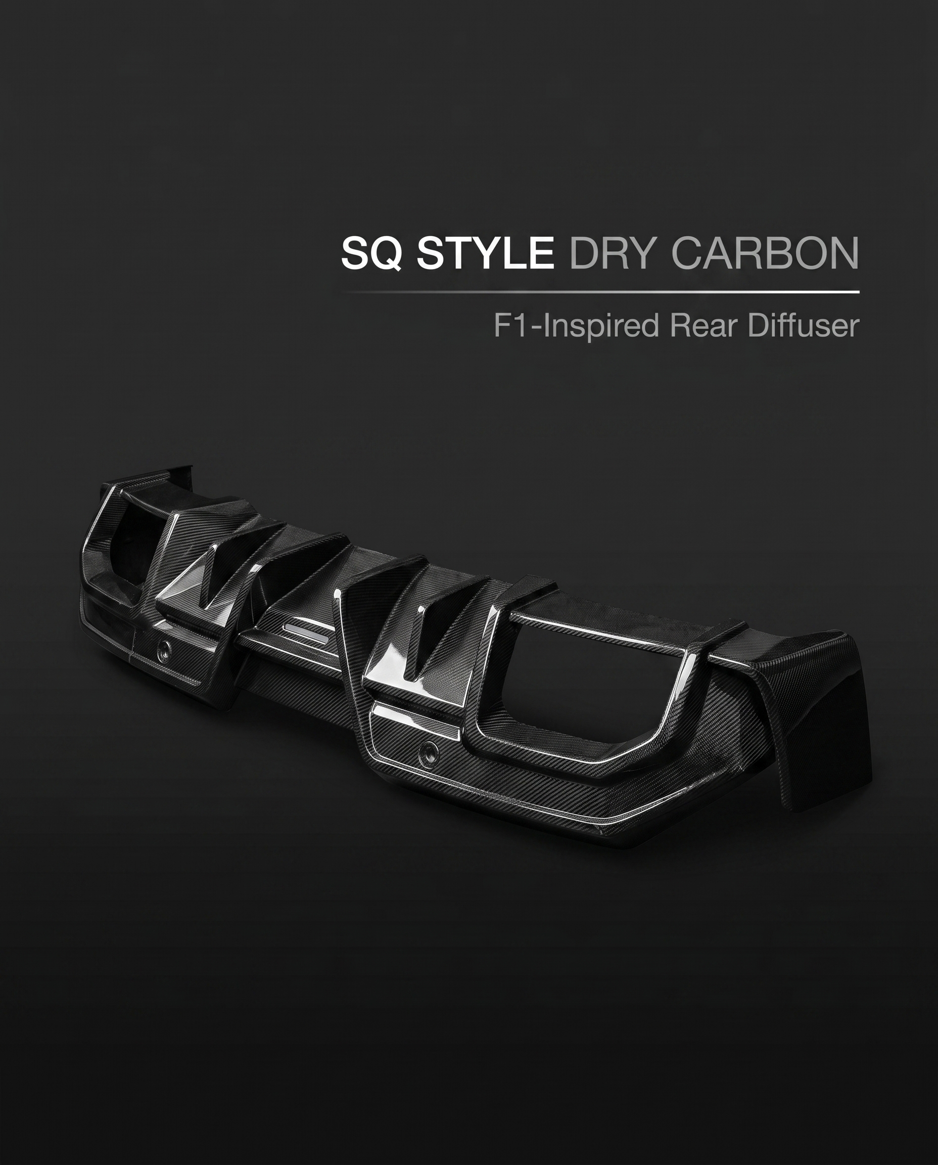 SQ-style dry carbon F1-inspired rear diffuser for BMW G90 M5 on charcoal studio background with callout text