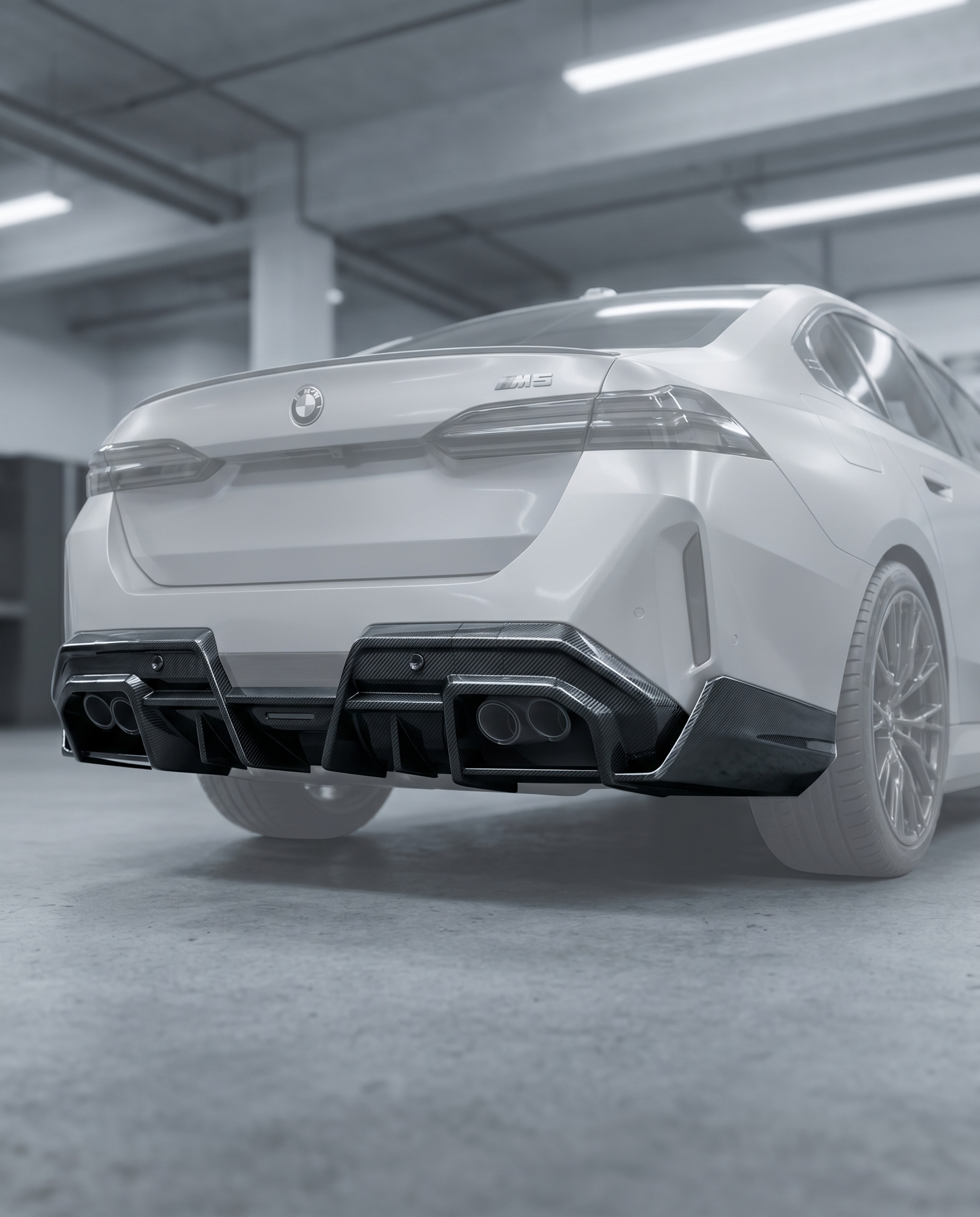 Gloss SQ-style carbon rear diffuser installed under BMW G90 M5 bumper, premium garage lighting shows precise fitment