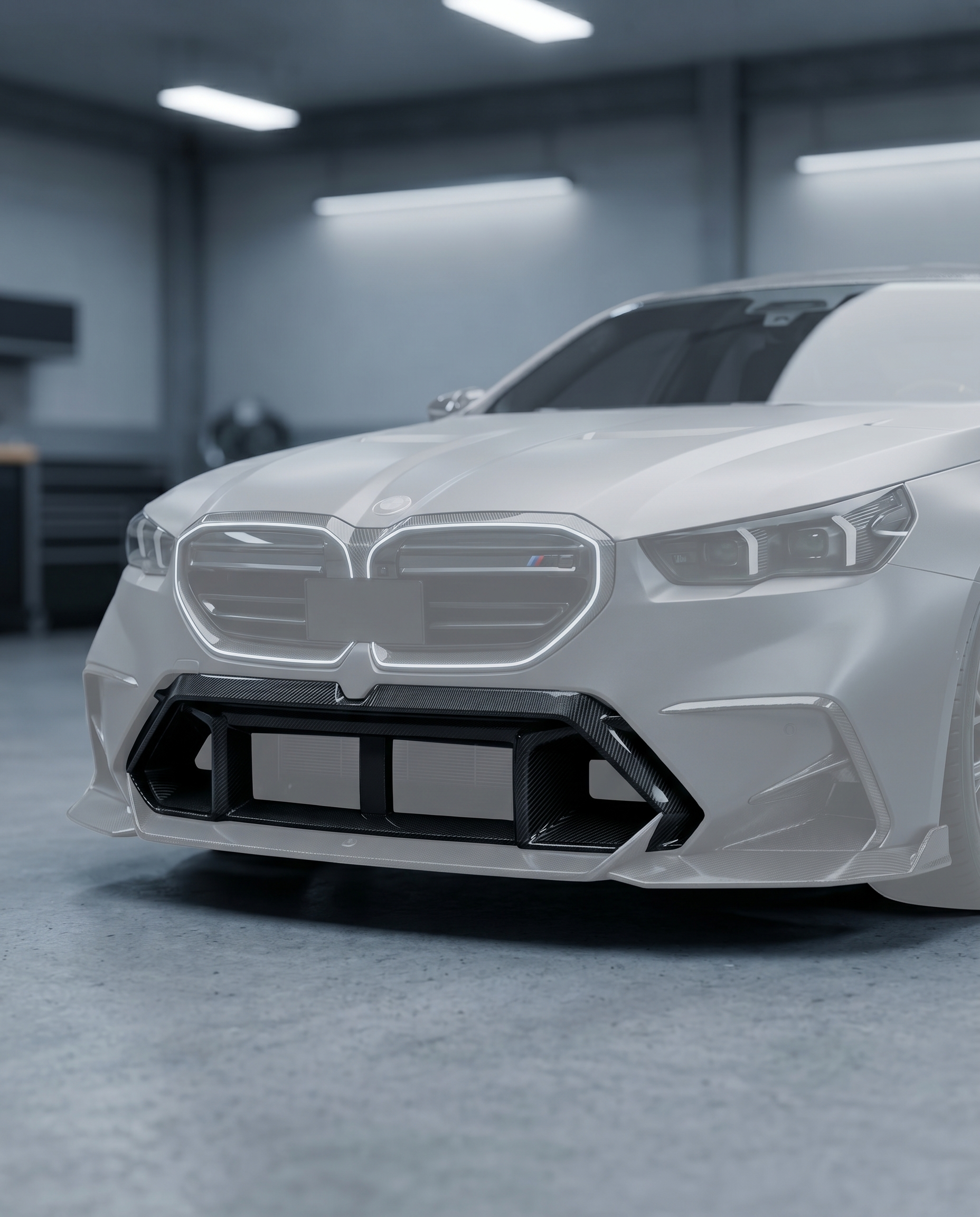 Gloss dry carbon front center vent installed in BMW G90 M5 bumper, premium garage lighting shows OEM+ fitment