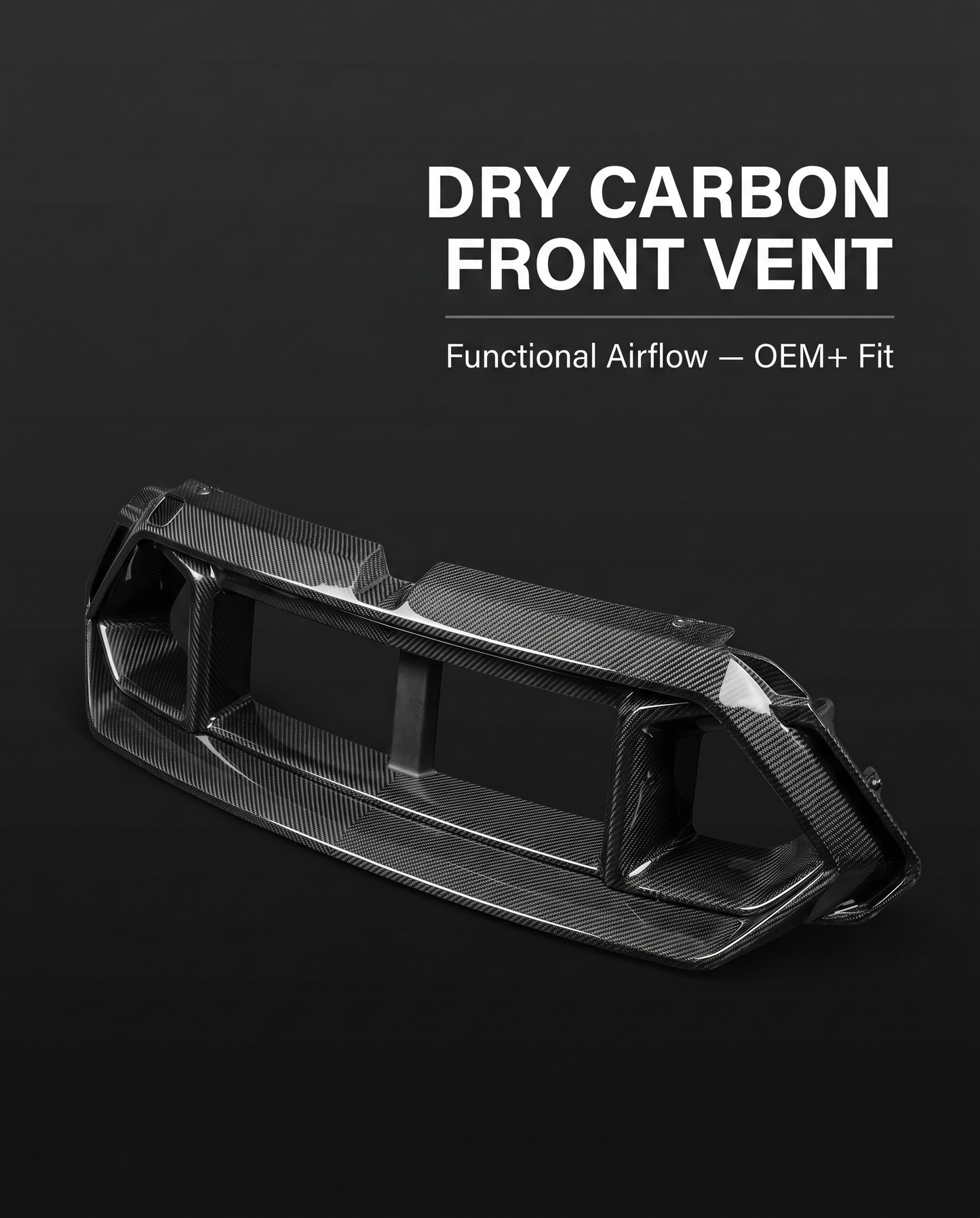 Dry carbon front bumper center vent for BMW G90 M5 on charcoal studio background with functional airflow callout text