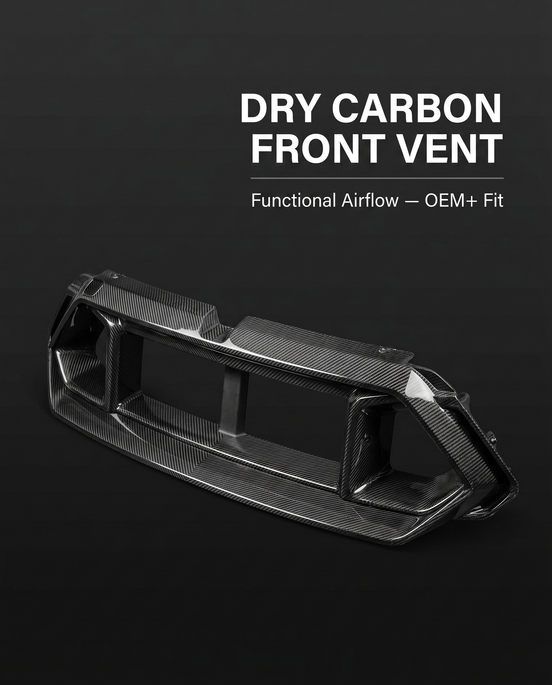 Dry carbon front bumper center vent for BMW G90 M5 on charcoal studio background with functional airflow callout text