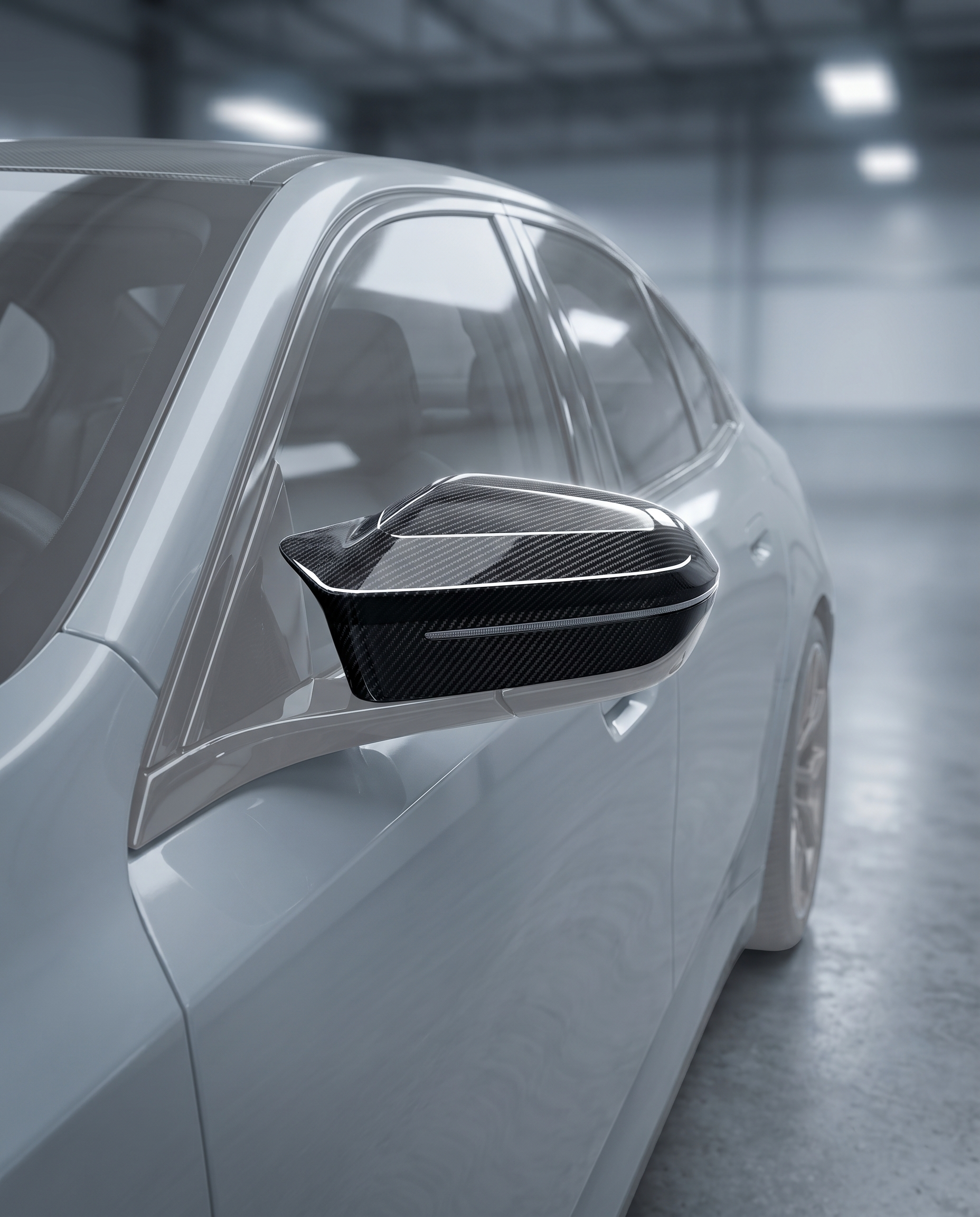 Gloss dry carbon mirror cover fitted on BMW G90 M5 side mirror, premium garage lighting shows clean direct-fit finish