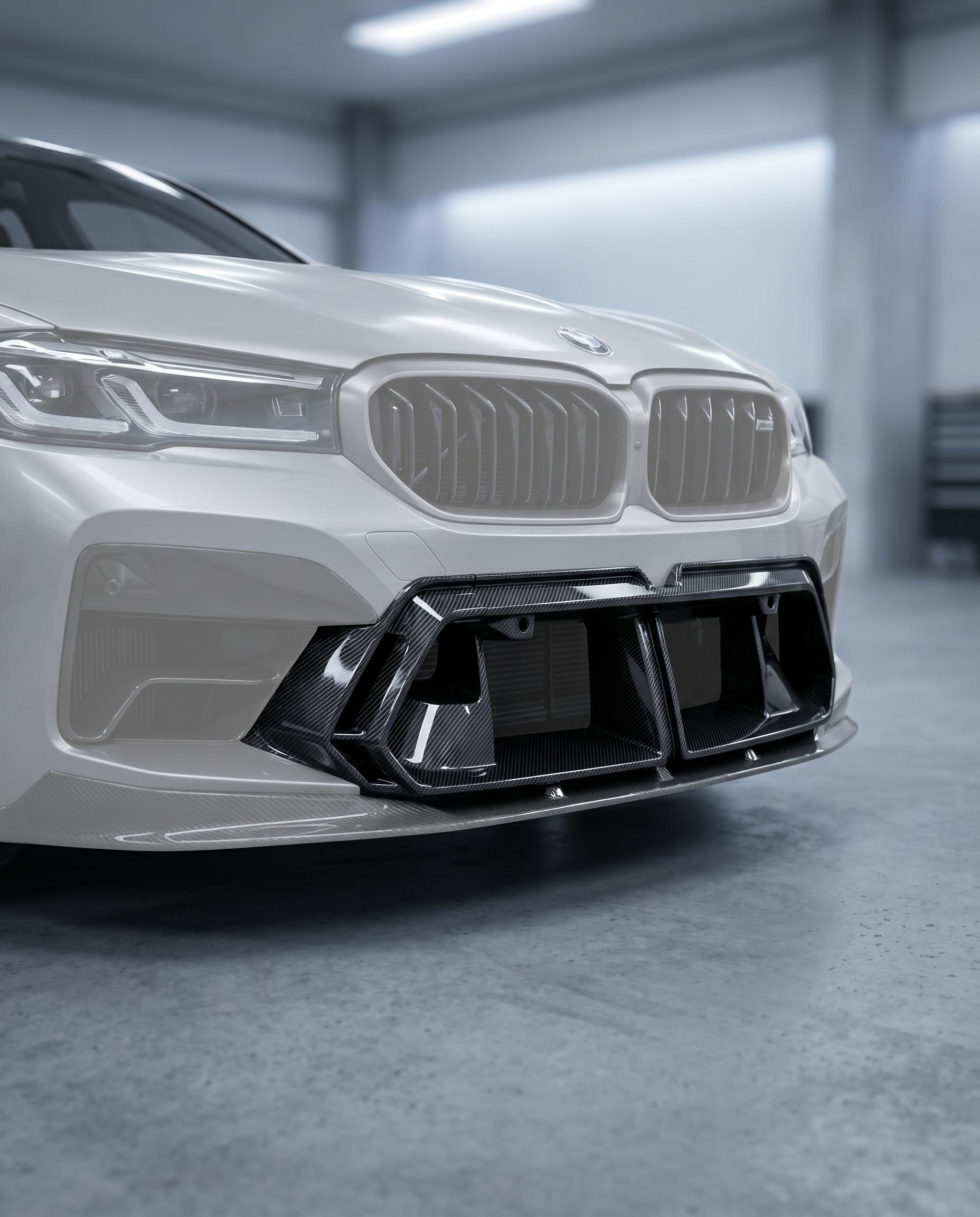 OE-style dry carbon front center vent installed in BMW G90 M5 bumper, premium garage lighting shows refined OEM+ fitment