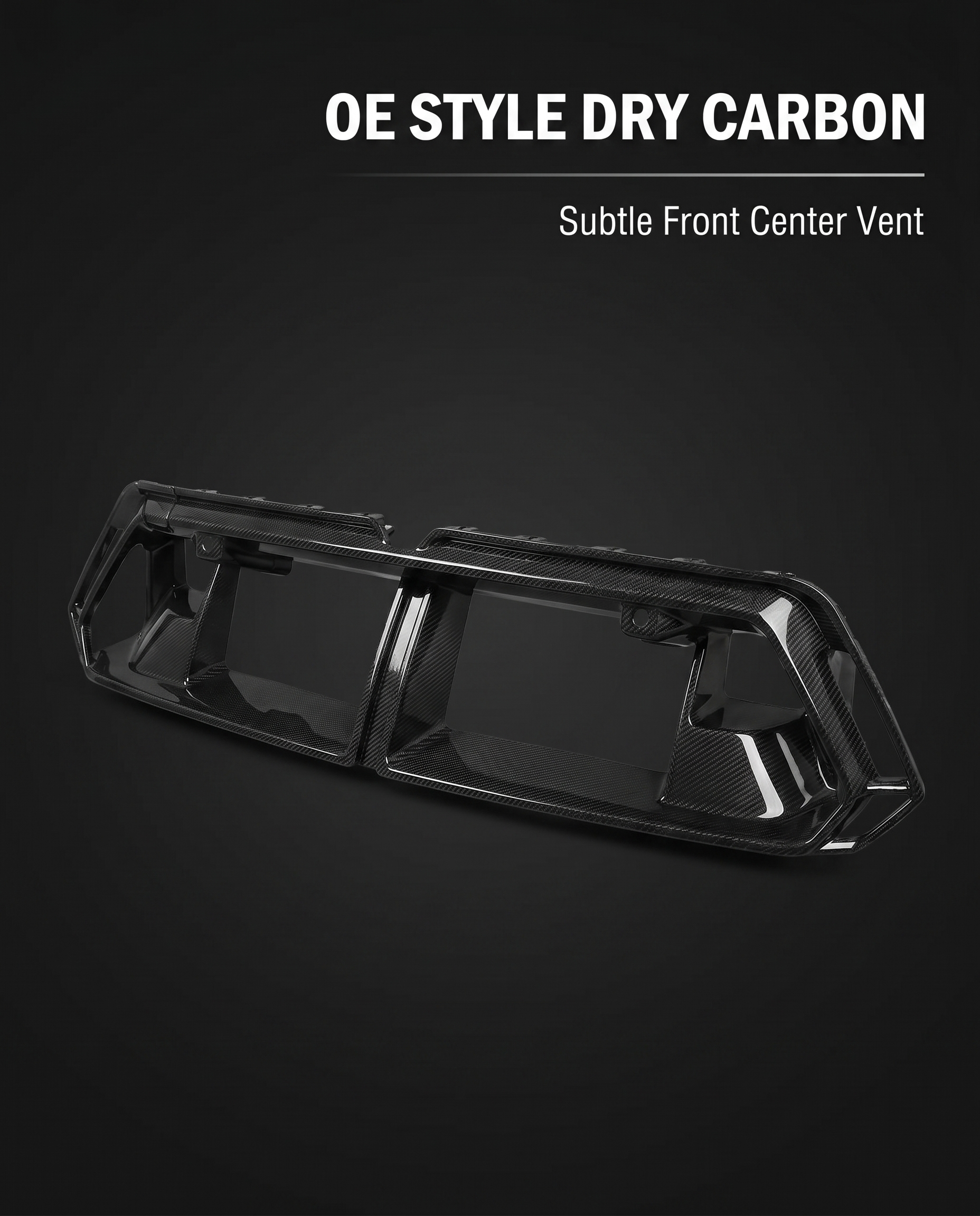 OE-style dry carbon front center vent for BMW G90 M5 on charcoal studio background with subtle-vent callout text
