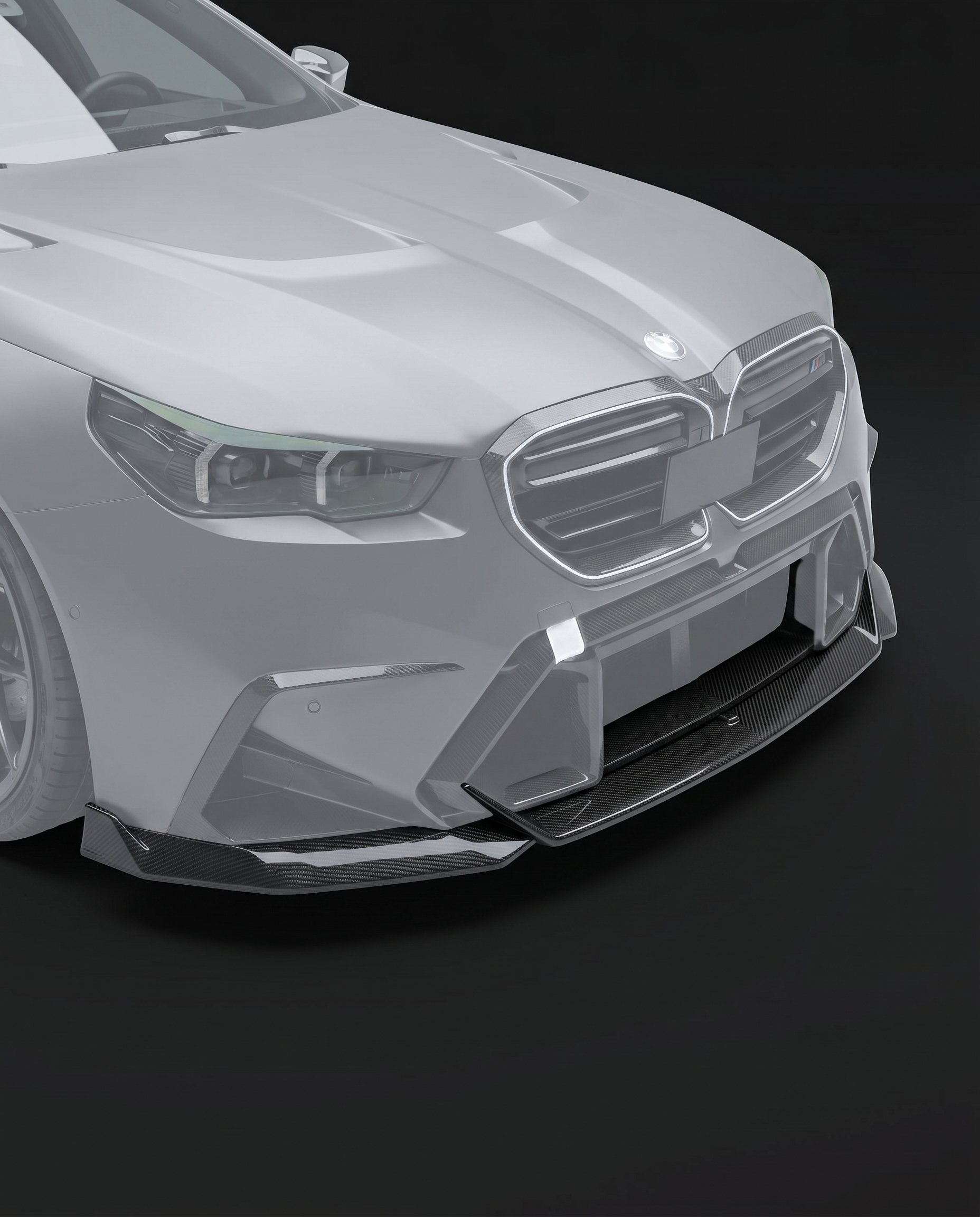 Gloss dry carbon fiber RZ-style front lip for 2025+ BMW G90 M5, studio hero shot on charcoal with razor-sharp 2x2 twill weave