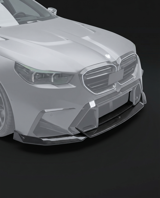 Gloss dry carbon fiber RZ-style front lip for 2025+ BMW G90 M5, studio hero shot on charcoal with razor-sharp 2x2 twill weave