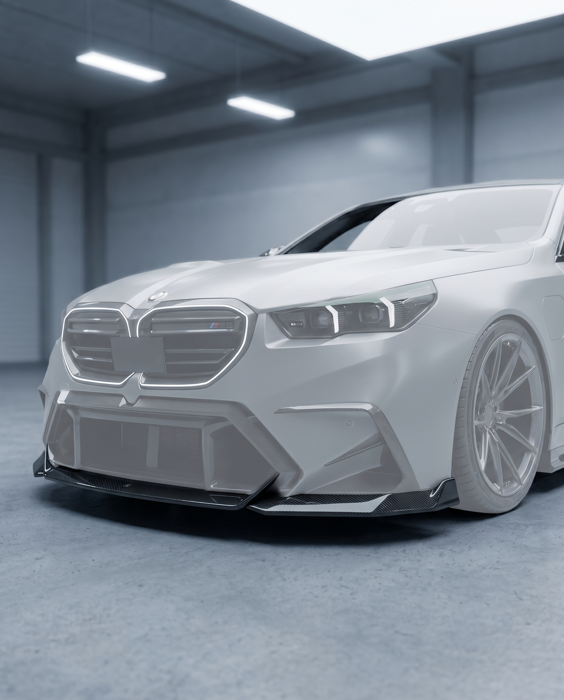 RZ-style dry carbon front lip installed low on a ghosted 2025+ BMW G90 M5 front end in a blurred premium garage