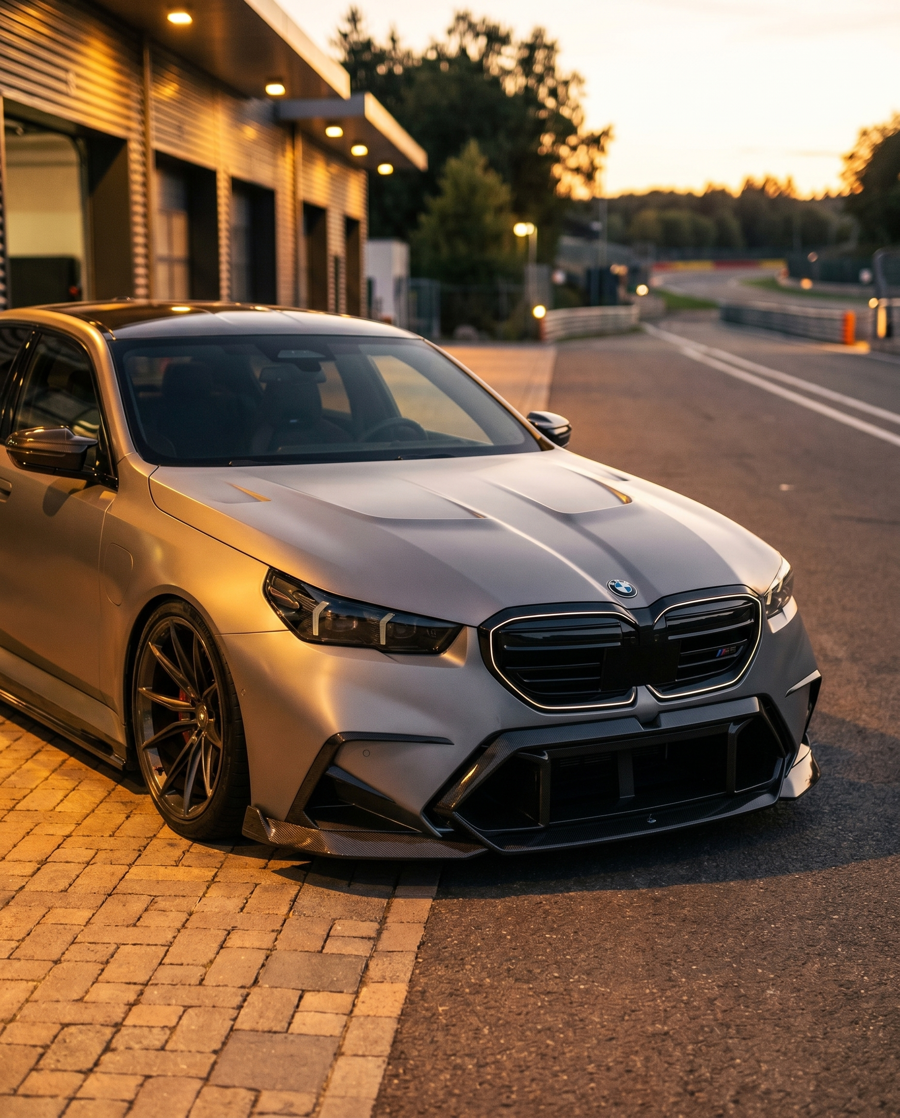 Gloss dry carbon RZ front lip on 2025+ BMW G90 M5 at golden-hour dusk, aggressive low stance in cinematic lighting