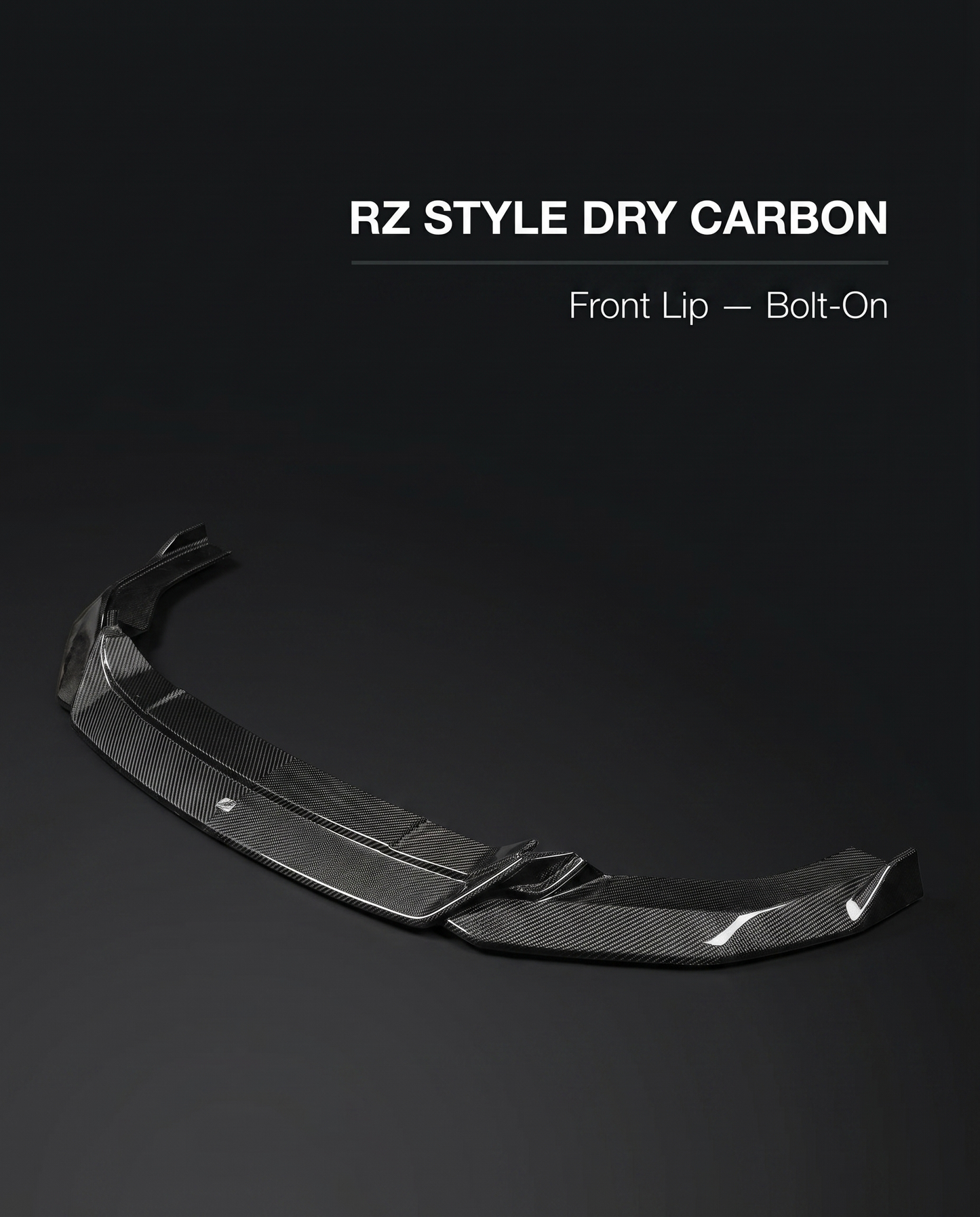 Gloss dry carbon RZ-style front lip for BMW G90 M5 with minimal white spec callout on charcoal, lightweight pre-preg build