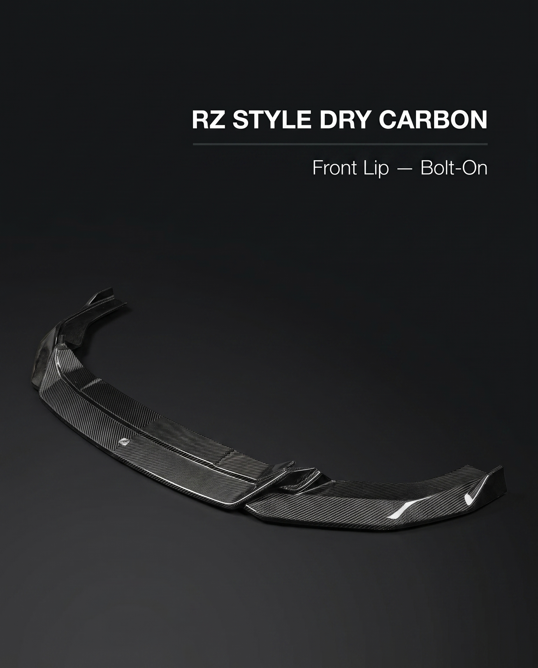 Gloss dry carbon RZ-style front lip for BMW G90 M5 with minimal white spec callout on charcoal, lightweight pre-preg build