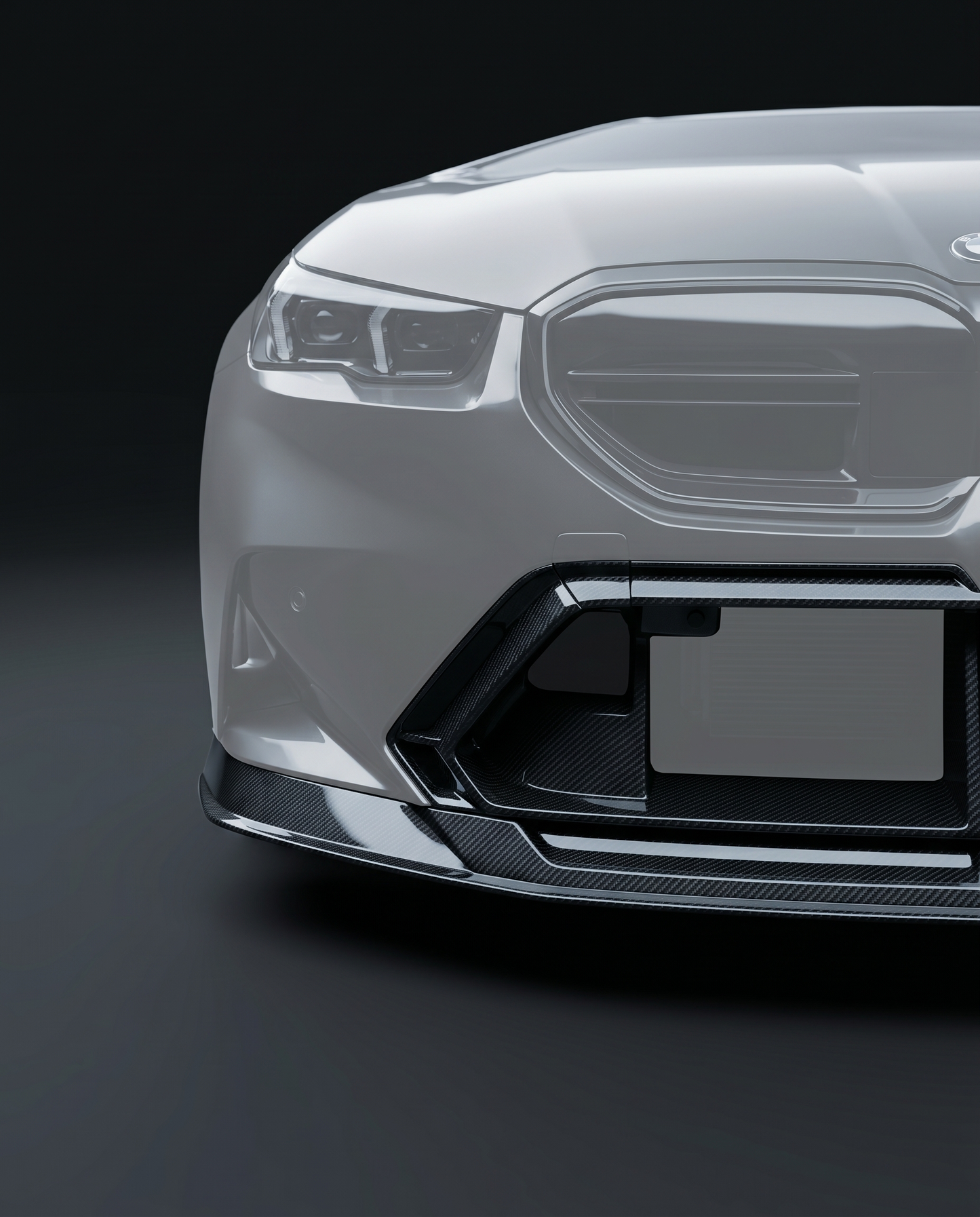 Gloss dry carbon fiber LAB-style front lip for 2025+ BMW G90 M5, isolated studio hero on charcoal with sharp 2x2 twill weave