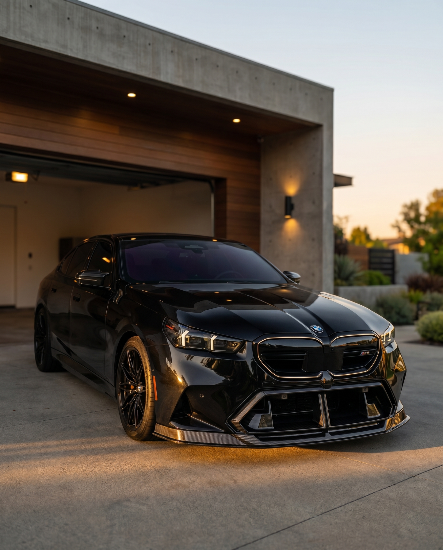 Gloss dry carbon LAB front lip on 2025+ BMW G90 M5 at golden-hour dusk, lowered aggressive stance in cinematic light