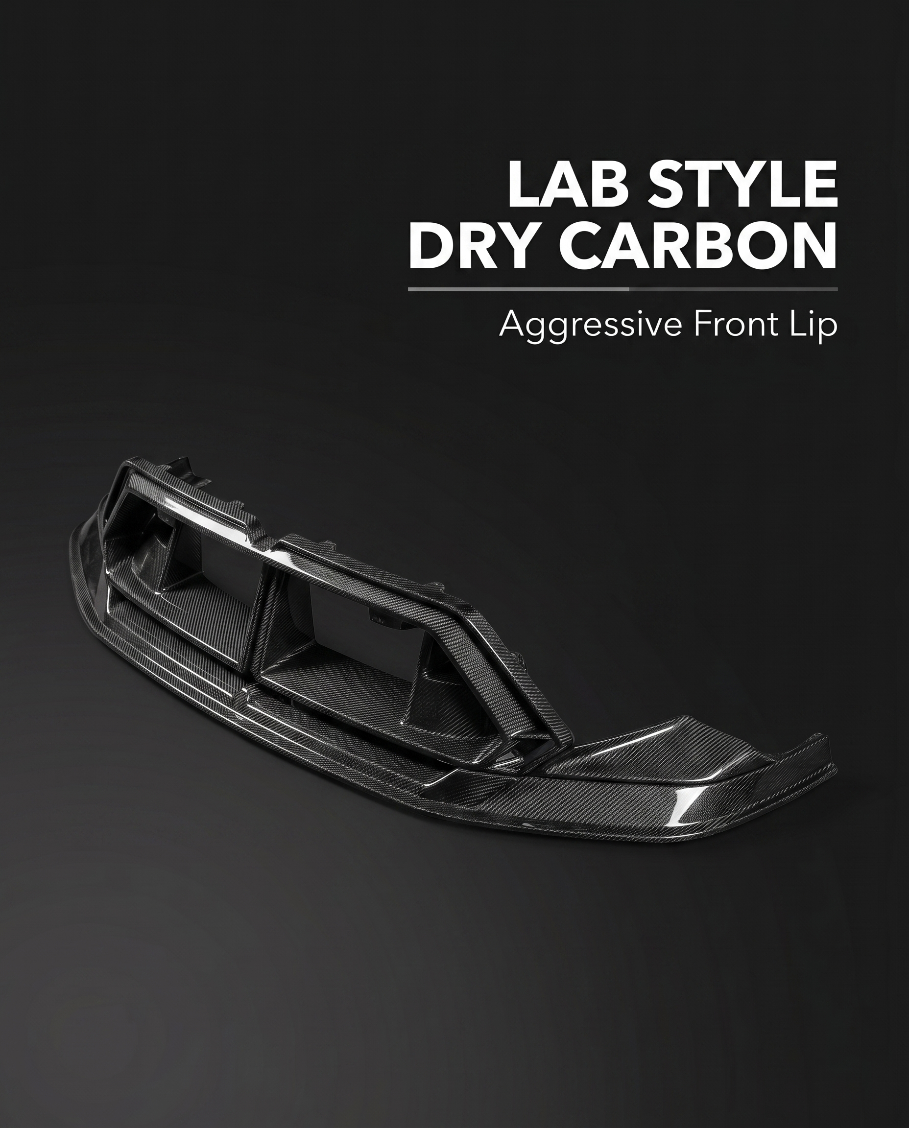 Gloss dry carbon LAB-style front lip for BMW G90 M5 with minimal white spec callout on charcoal, lightweight pre-preg build