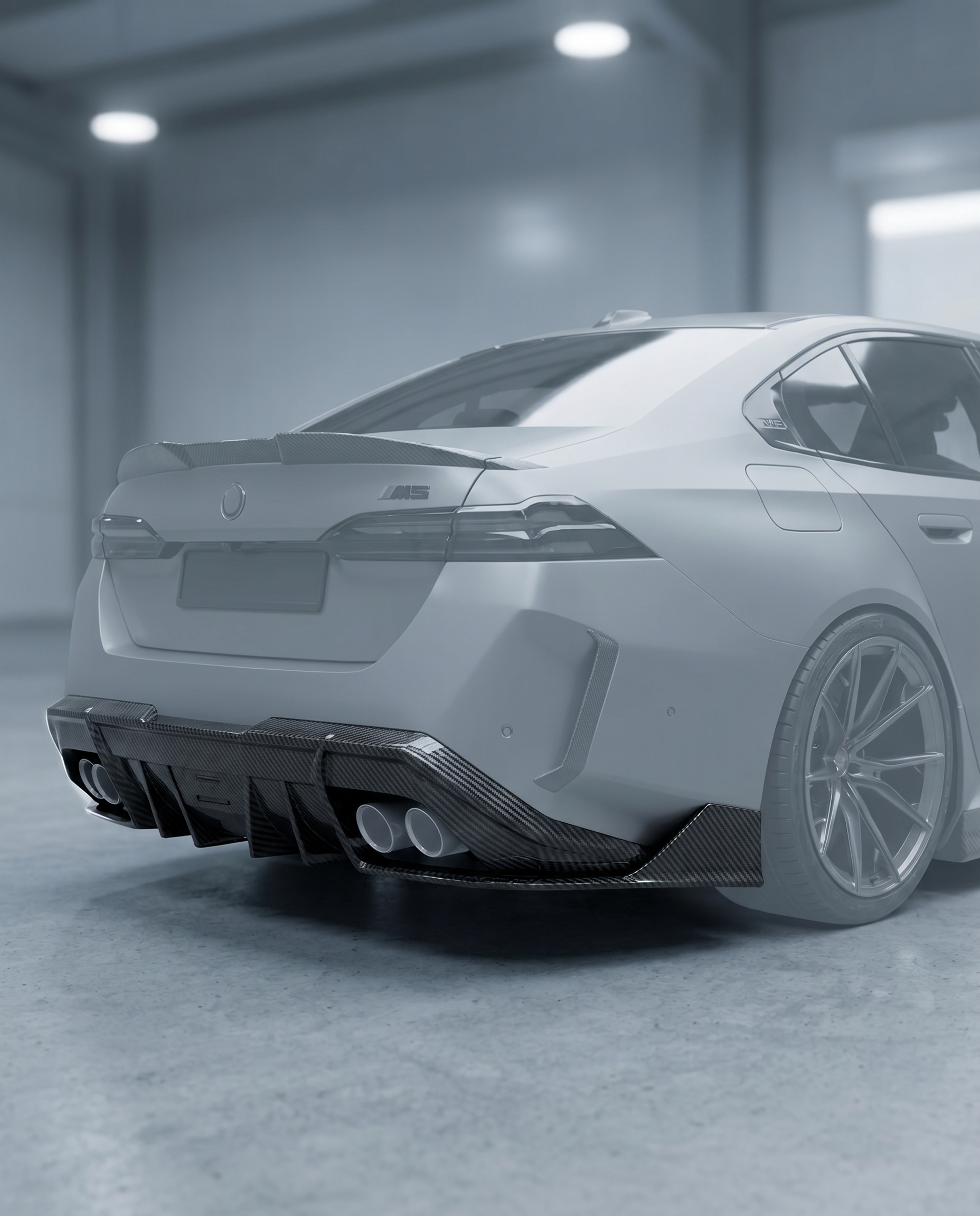 RZ-style dry carbon rear diffuser installed on a ghosted 2025+ BMW G90 M5 rear bumper in a blurred premium garage